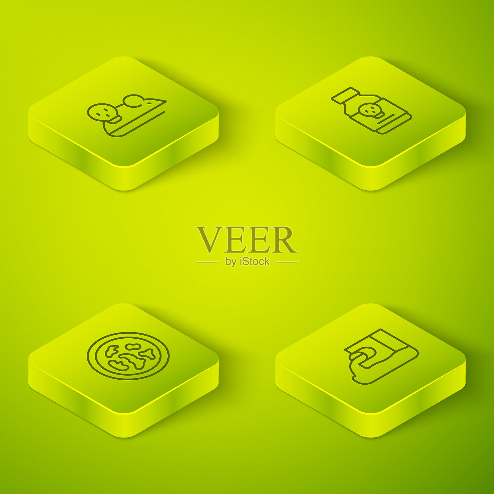 设置等距线毒丸,细菌培养皿,废水和实验鼠标图标。向量图标素材