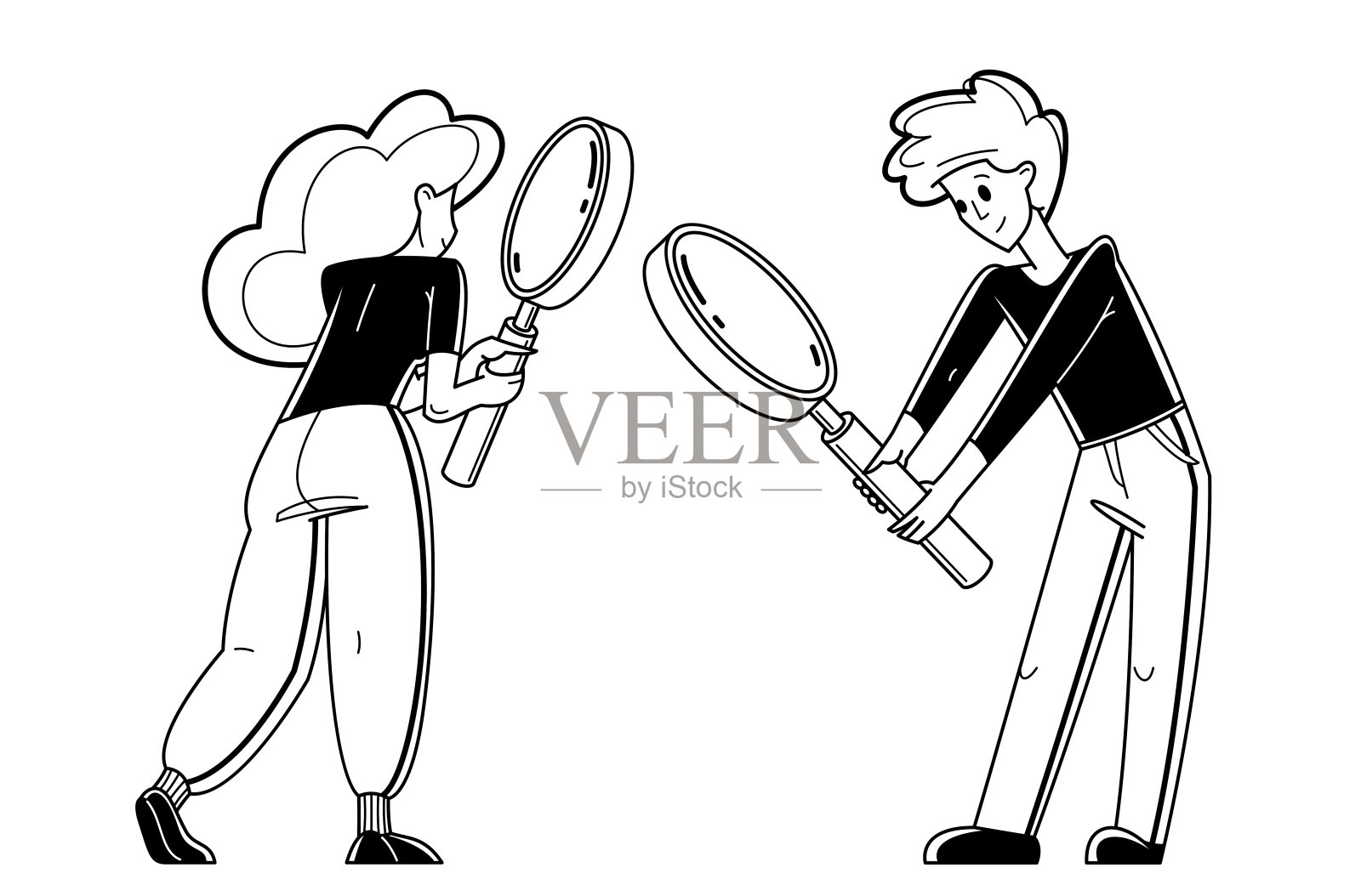 年轻人进行一些调查和收集数据进行分析,矢量轮廓说明,探索和研究商业或科学,自我教育。插画图片素材