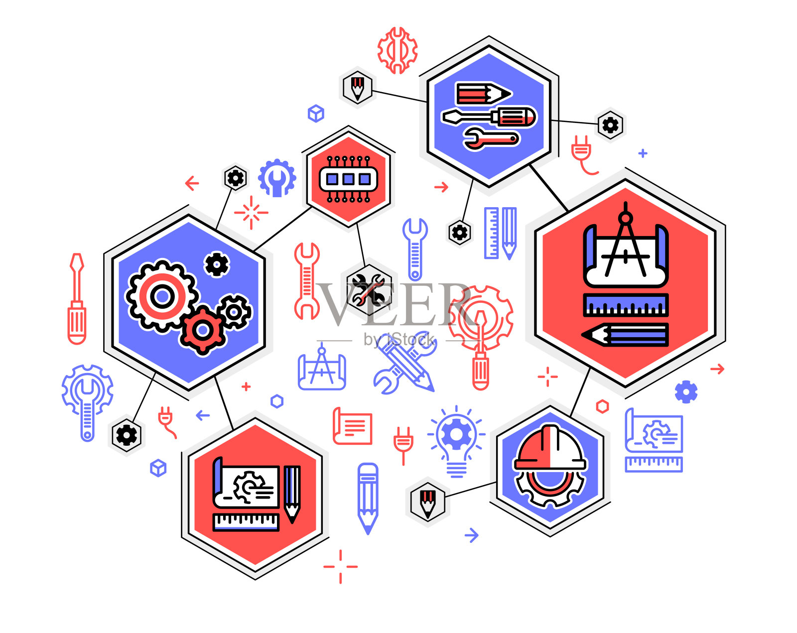 工程和修复一些技术系统矢量图,解决机械和硬件问题。插画图片素材