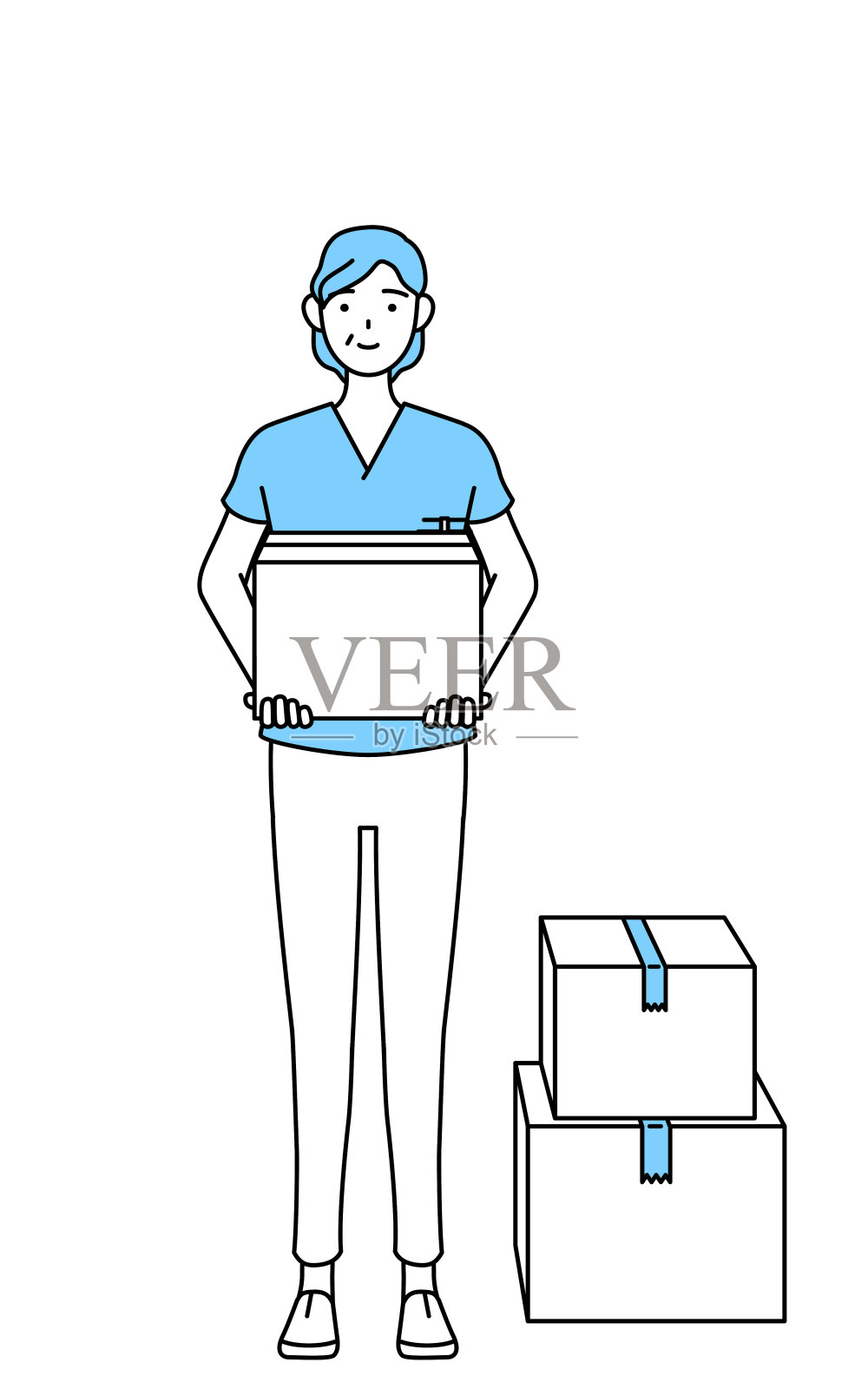 中年,高级女护士,物理治疗师,职业治疗师,语言治疗师,护士助理在统一工作搬纸箱插画图片素材