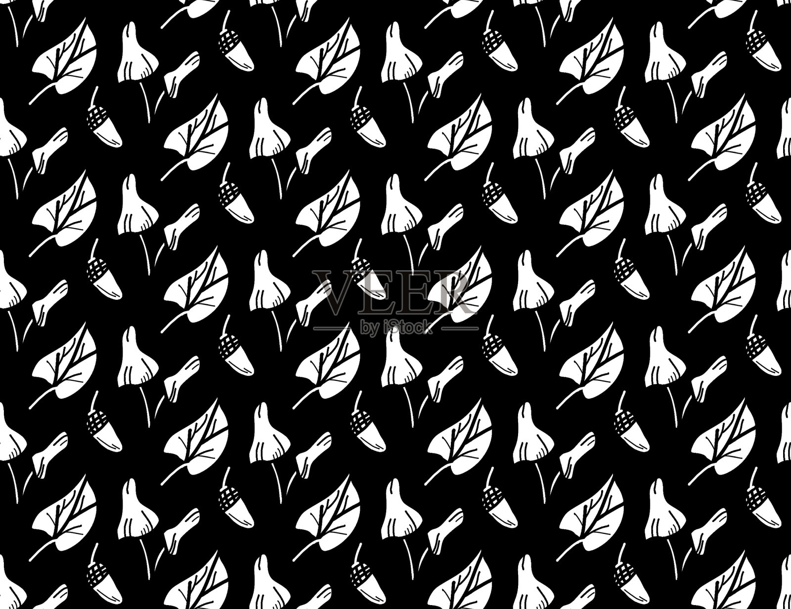 黑色和白色图形无缝模式与叶子,蘑菇和橡子插画图片素材