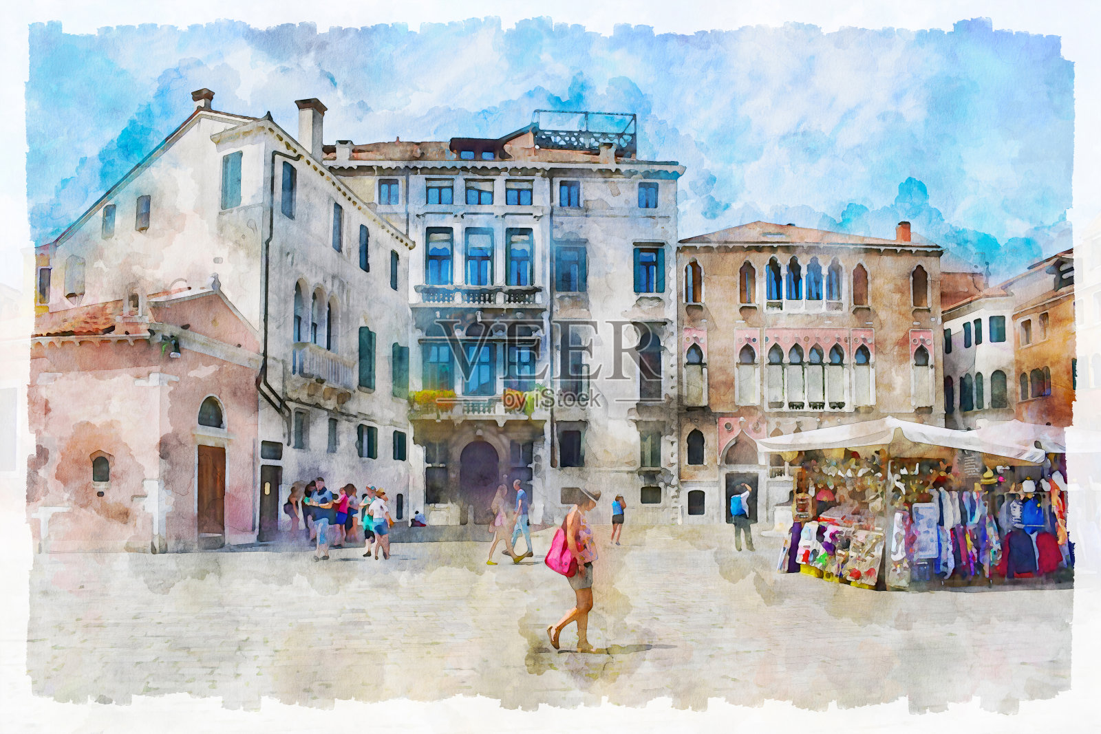 意大利威尼斯,风景如画的中世纪建筑古城广场。水彩画。照片摄影图片