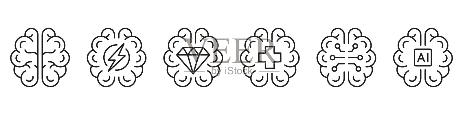 人脑AI概念黑线图标集。人工智能,人类思维,头脑风暴,白色背景上的压力符号。可编辑的中风。孤立矢量图插画图片素材