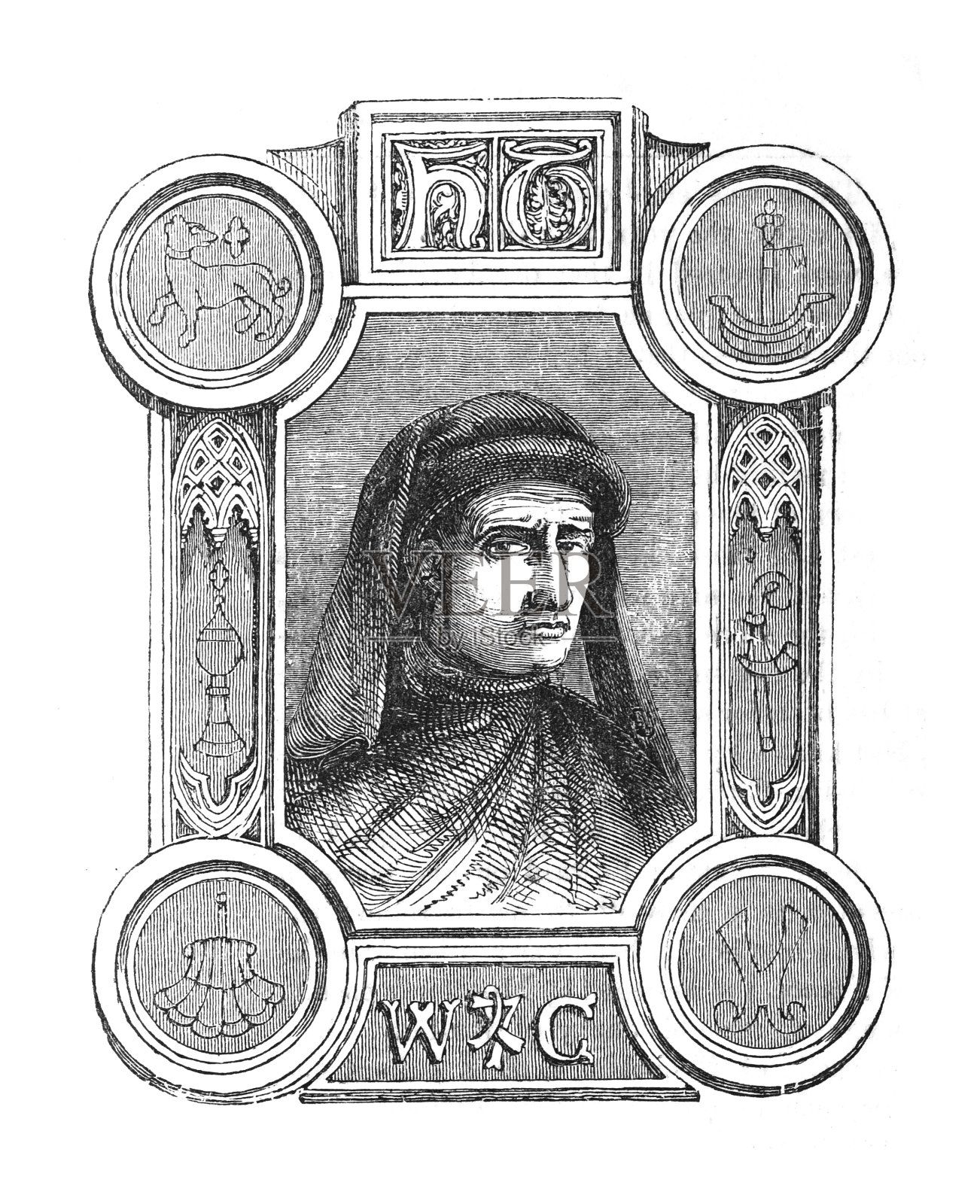 威廉·卡克斯顿,英国商人、外交家和作家(1422-1491)——古刻插图插画图片素材