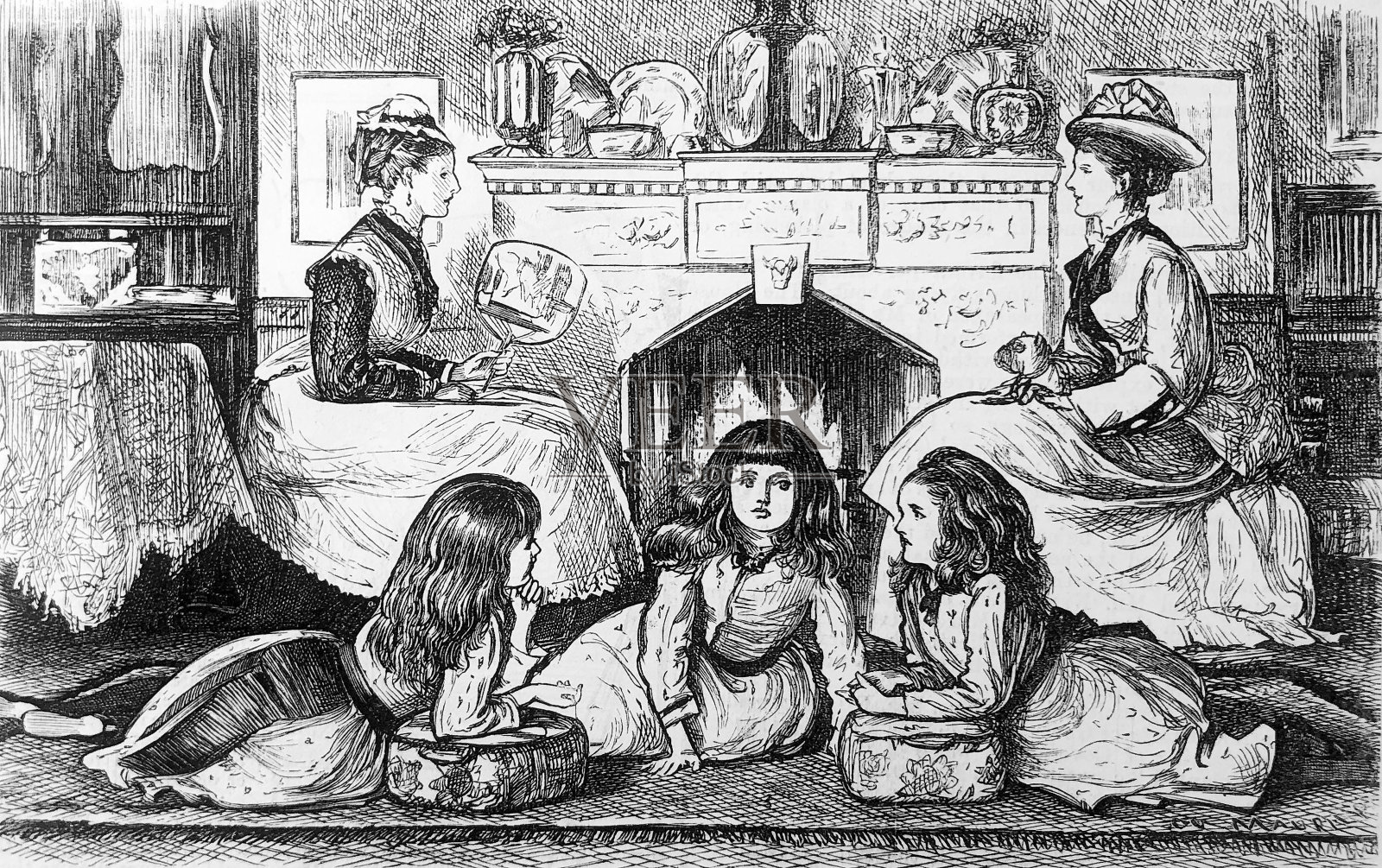 英国讽刺漫画——两个女人坐在壁炉旁,旁边有三个年轻女孩插画图片素材