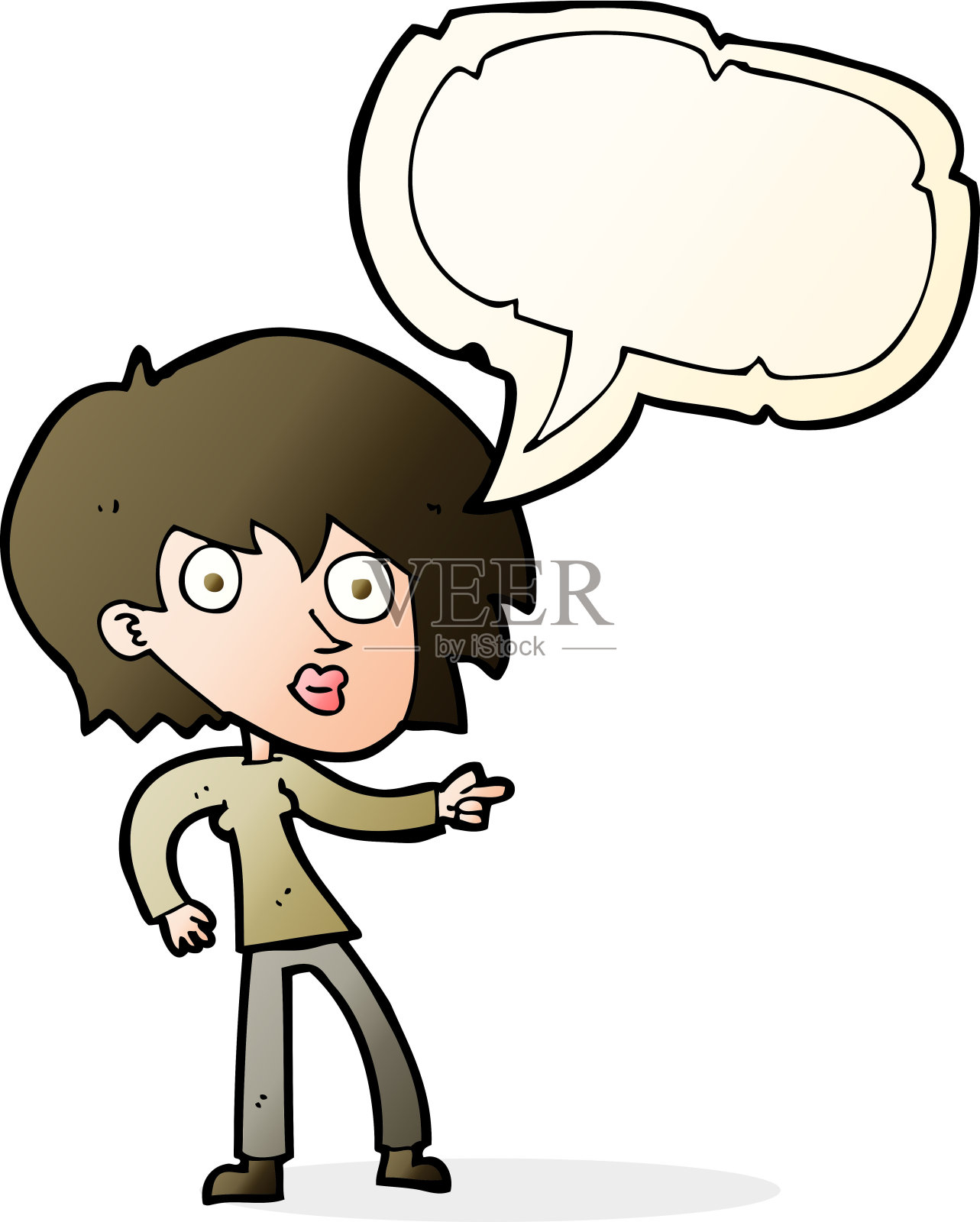 卡通惊奇女子用言语指着泡泡插画图片素材