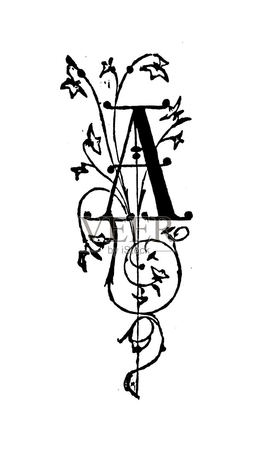 19世纪雕刻下降了最初的大写字母A;《话匣子》杂志1883年插画图片素材