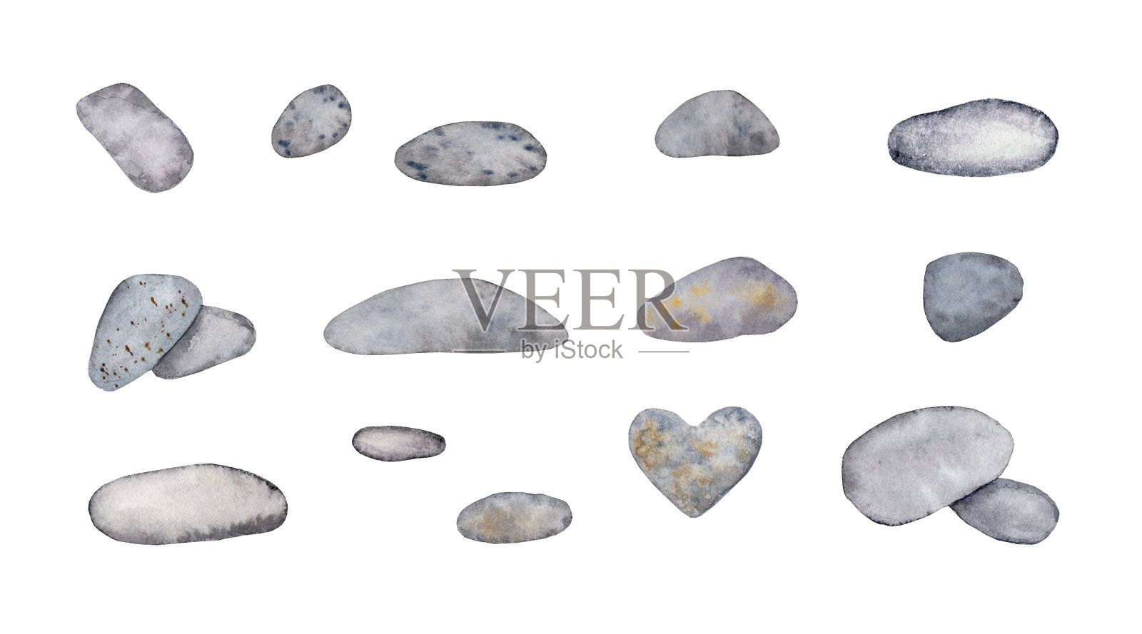 收集对齐的石头。用于设计的水彩元素集。灰色的石头,鹅卵石。插画图片素材