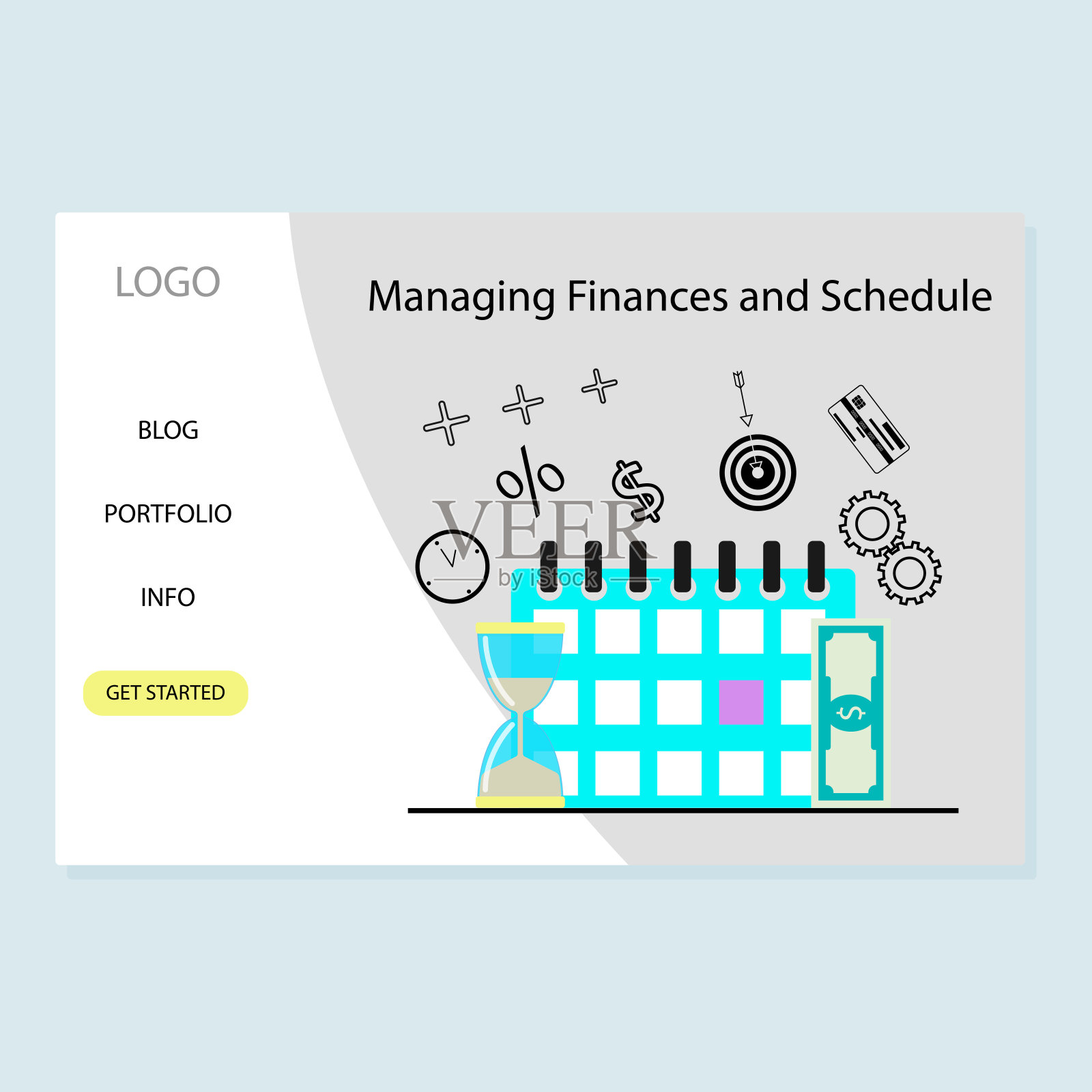 管理财务和日程登陆页与日历和沙漏插画图片素材