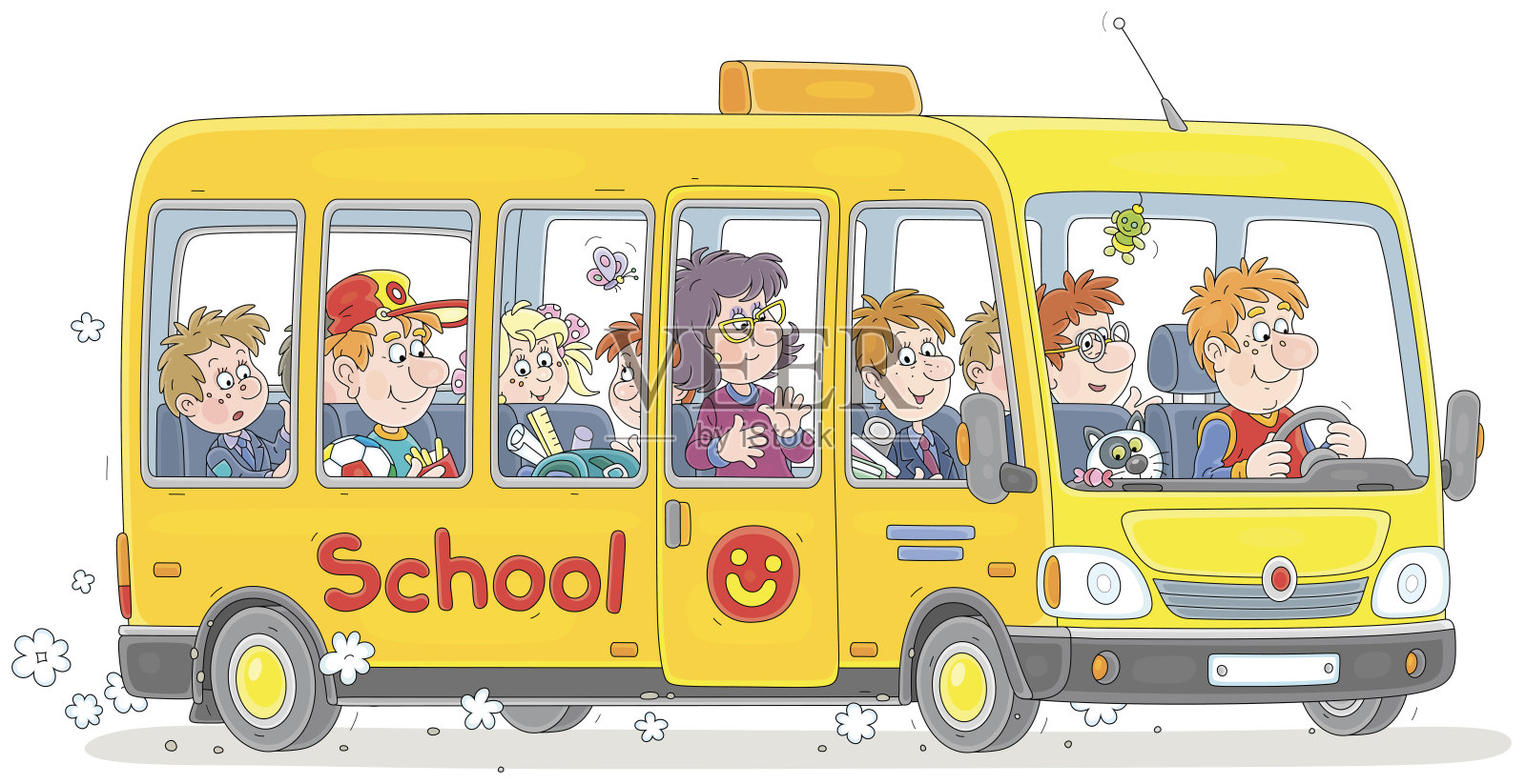 校车上有一个有趣的司机和乘客插画图片素材
