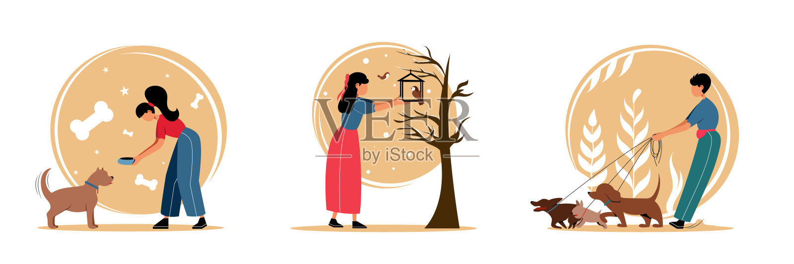 一套彩色卡通人物志愿帮助宠物插画图片素材