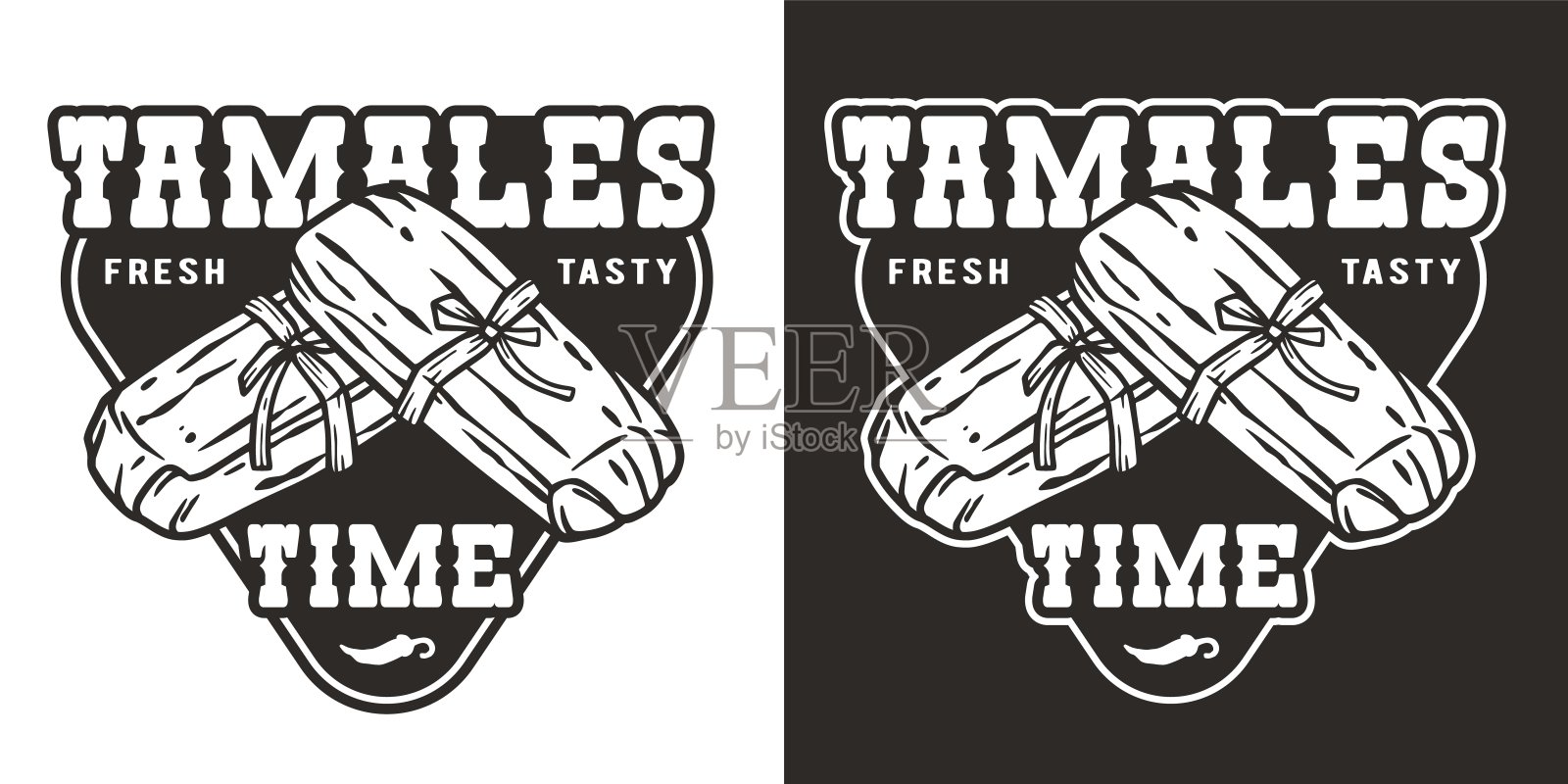 玉米粉蒸肉矢量与玉米叶为标志或标志。传统的拉丁快餐。墨西哥粉蒸肉,海报或横幅插画图片素材