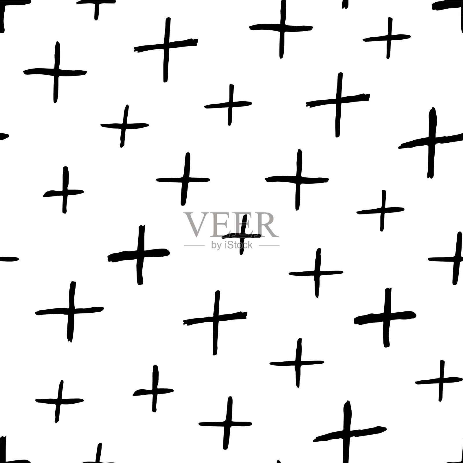 矢量无缝几何绘图模式-涂鸦风格。简单的黑色和白色可重复的背景与十字标志。面料无穷无尽的手绘印花插画图片素材