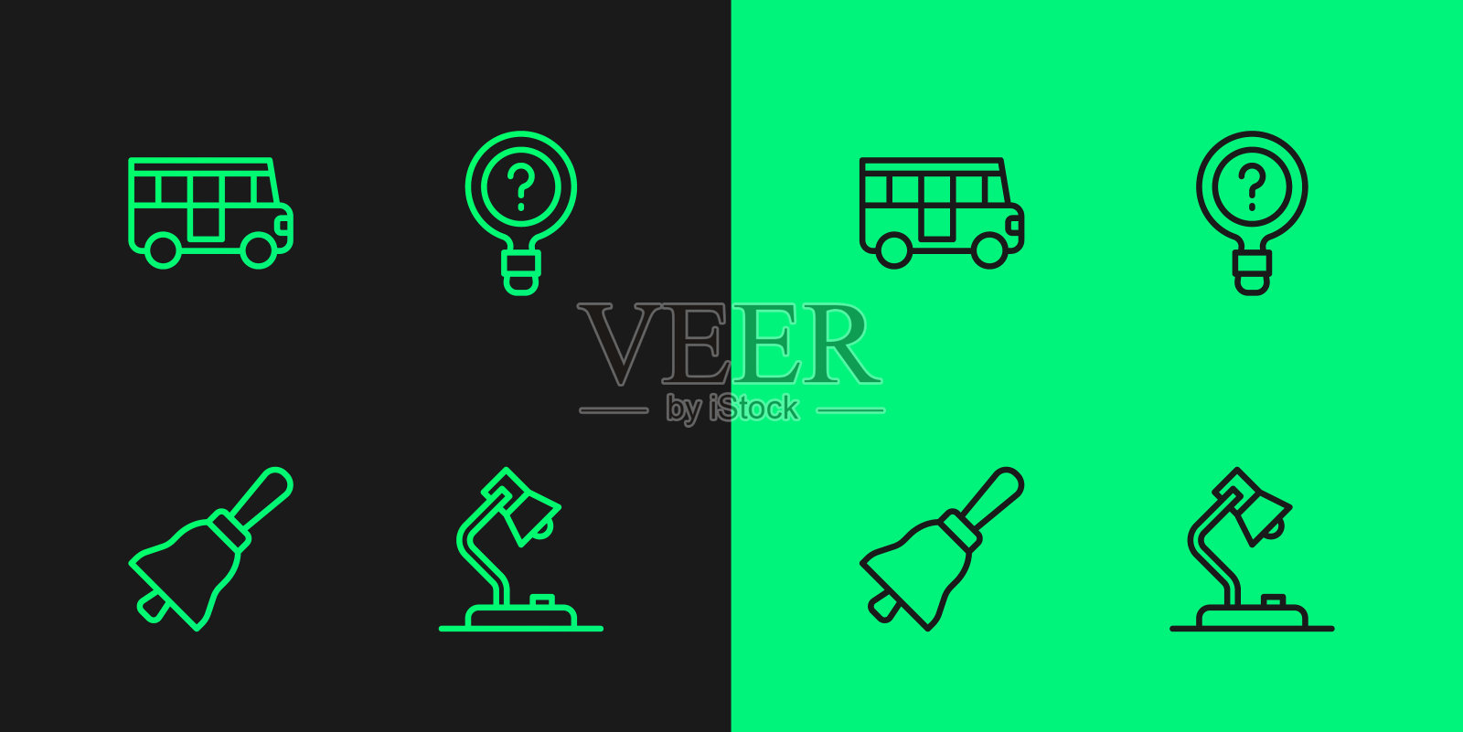 设置行台灯,铃声,校车和未知搜索图标。向量插画图片素材