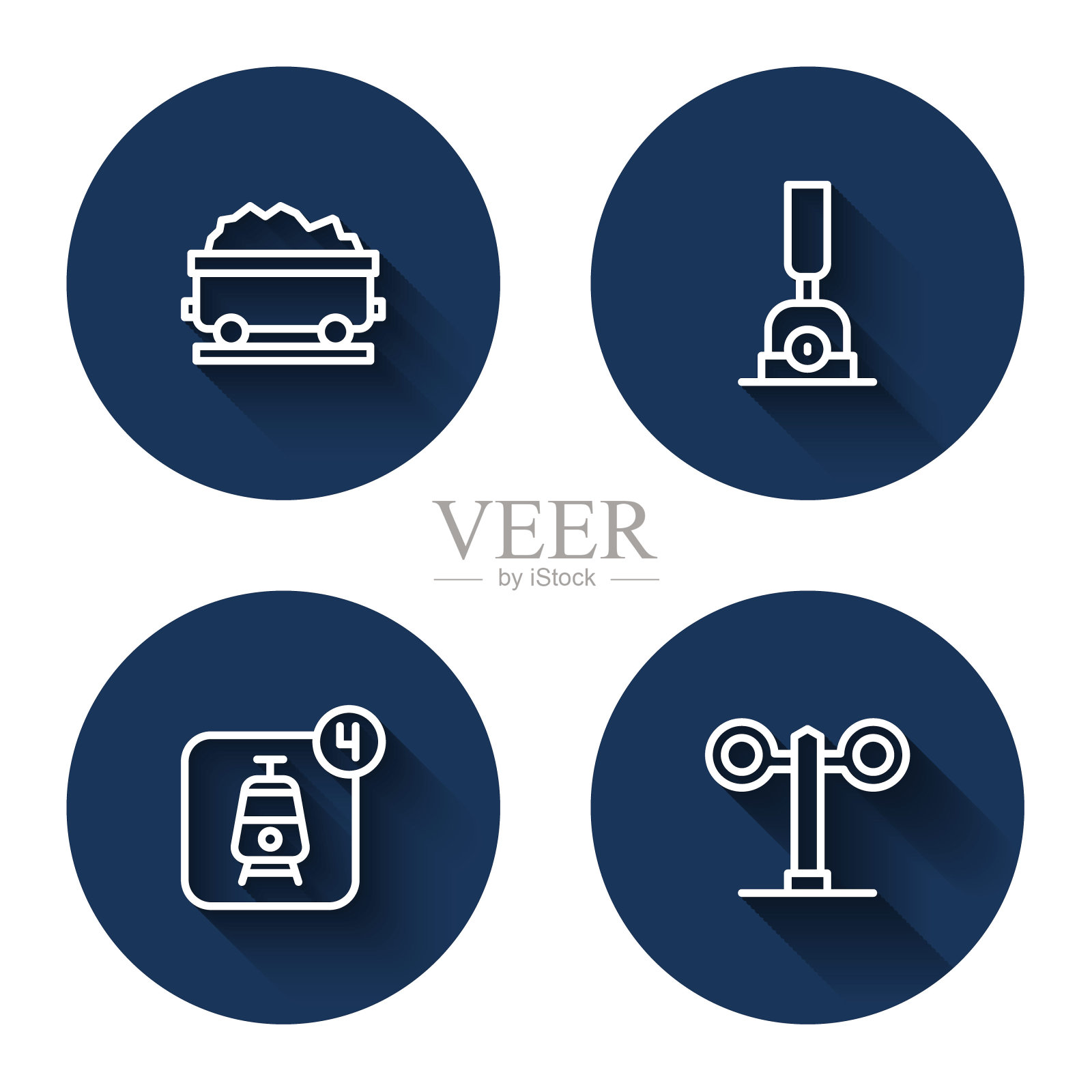 设置线煤列车车厢、转轨箭头、网上购票、长影列车红绿灯。蓝色圆圈按钮。向量插画图片素材