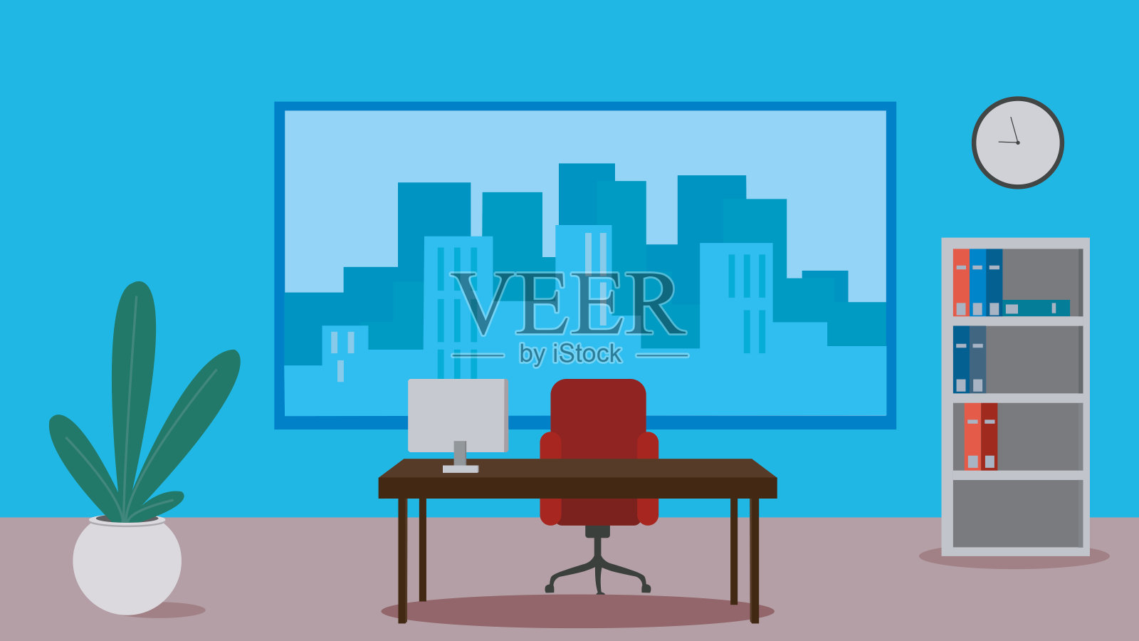 工作场所平面彩色矢量插图与城市景观的背景。插画图片素材