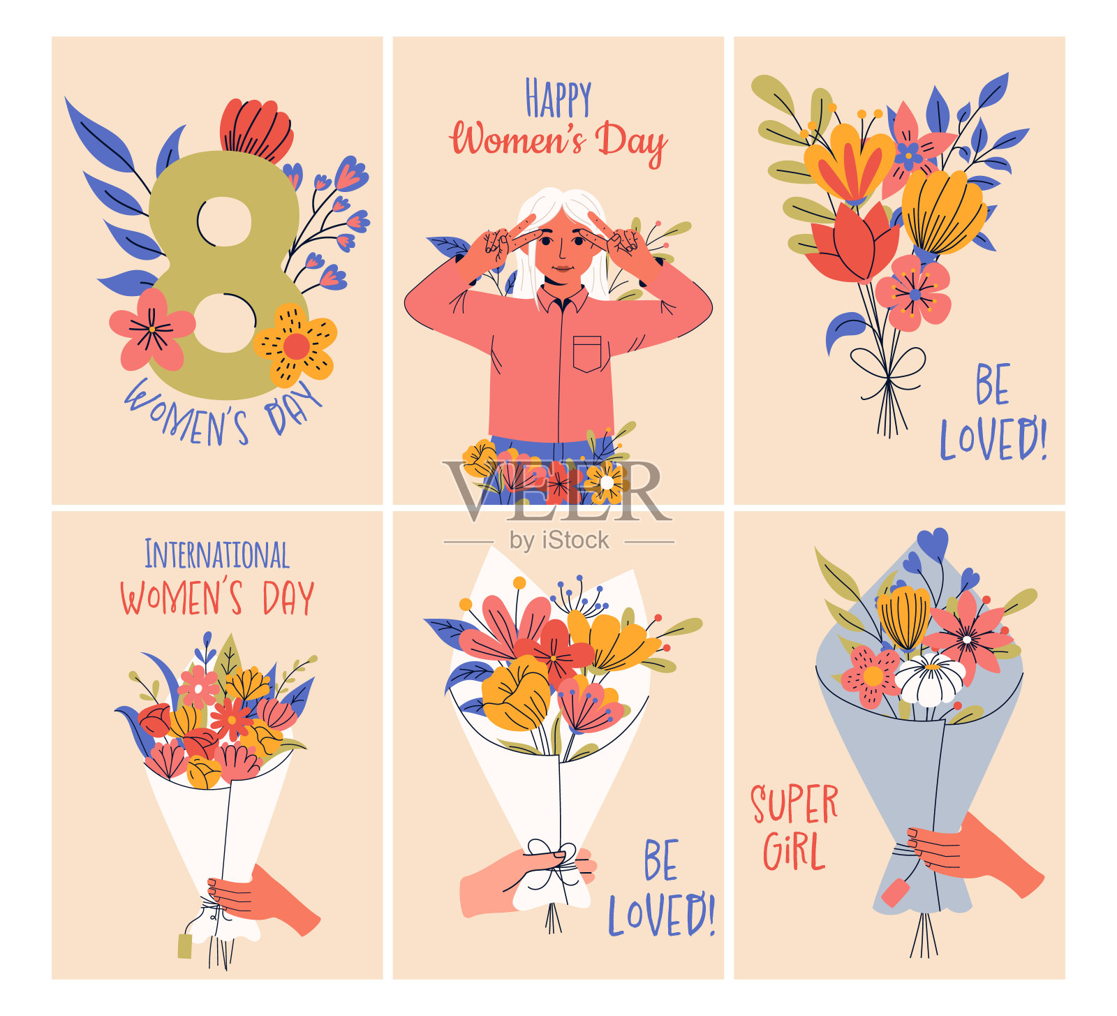 收集贺卡或明信片模板。3月8日,国际妇女节。女孩力量,女权主义,姐妹概念。插画图片素材