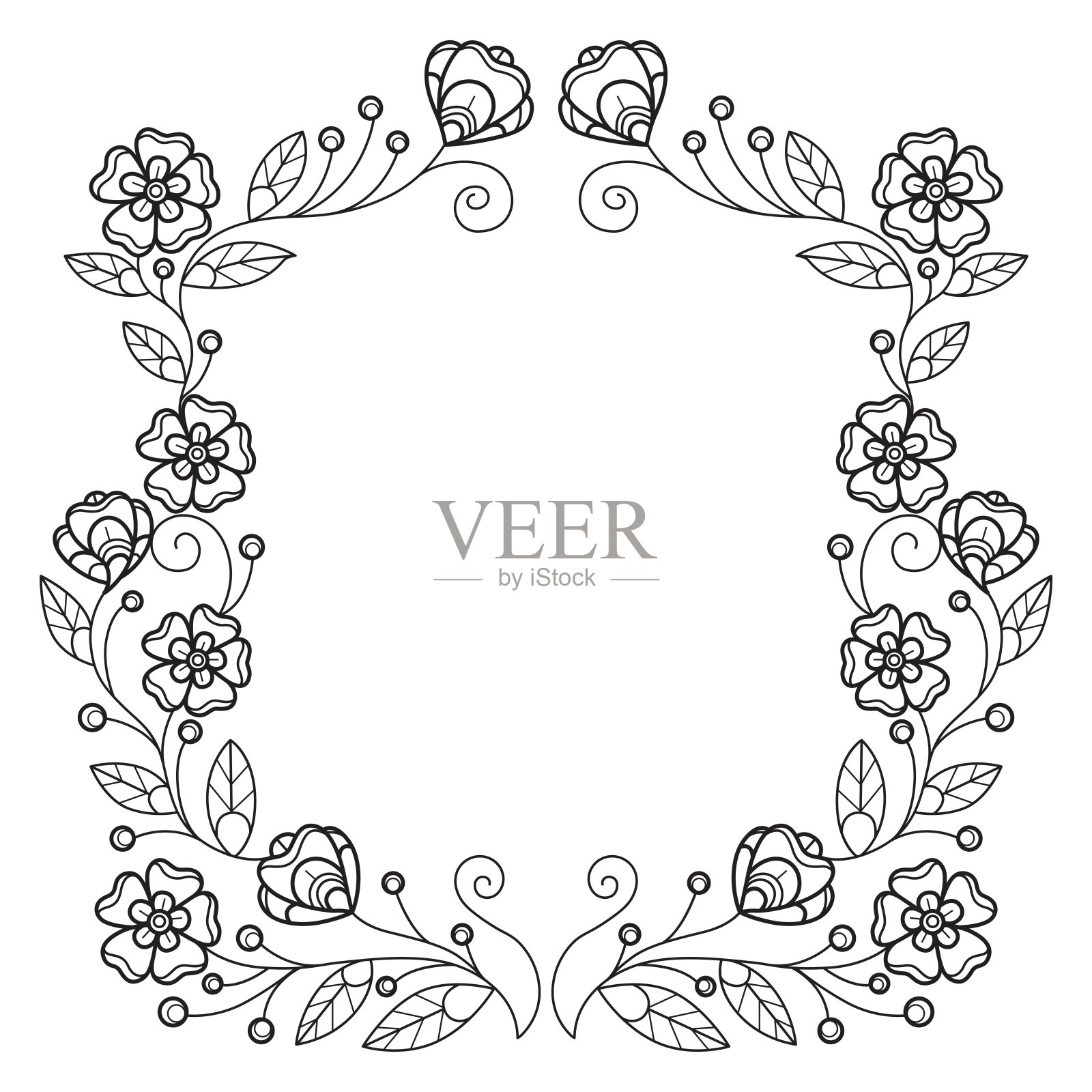 可爱的盛开的花框架手绘成人着色书插画图片素材