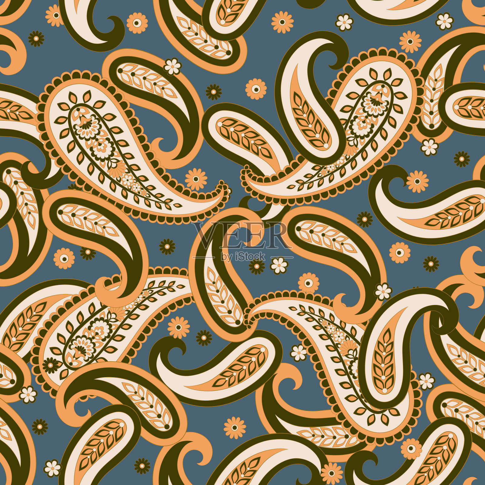 花无缝图案与涡纹花纹装饰。矢量图插画图片素材