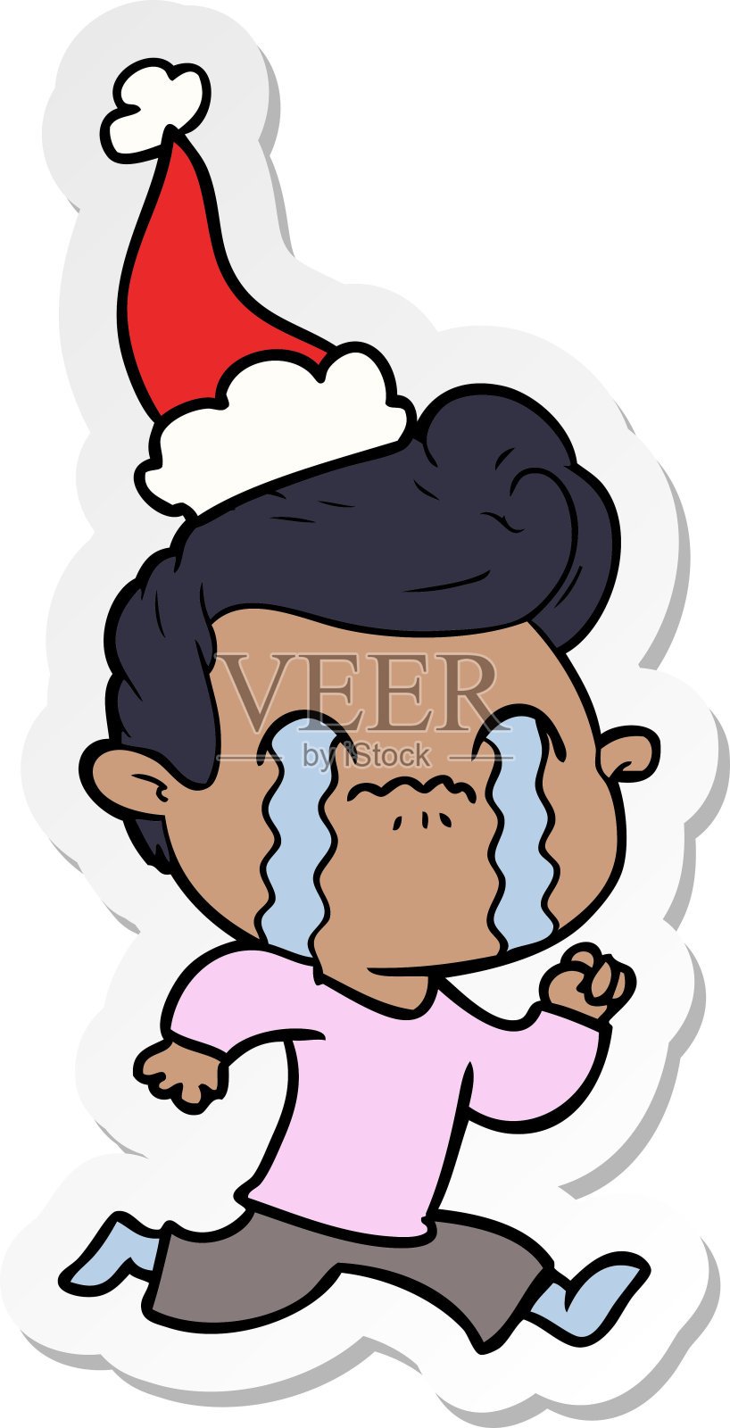 手绘戴圣诞帽哭泣的男人卡通贴纸插画图片素材