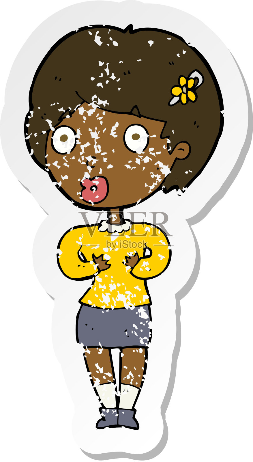 一个惊奇的女人的卡通复古心疼贴纸插画图片素材