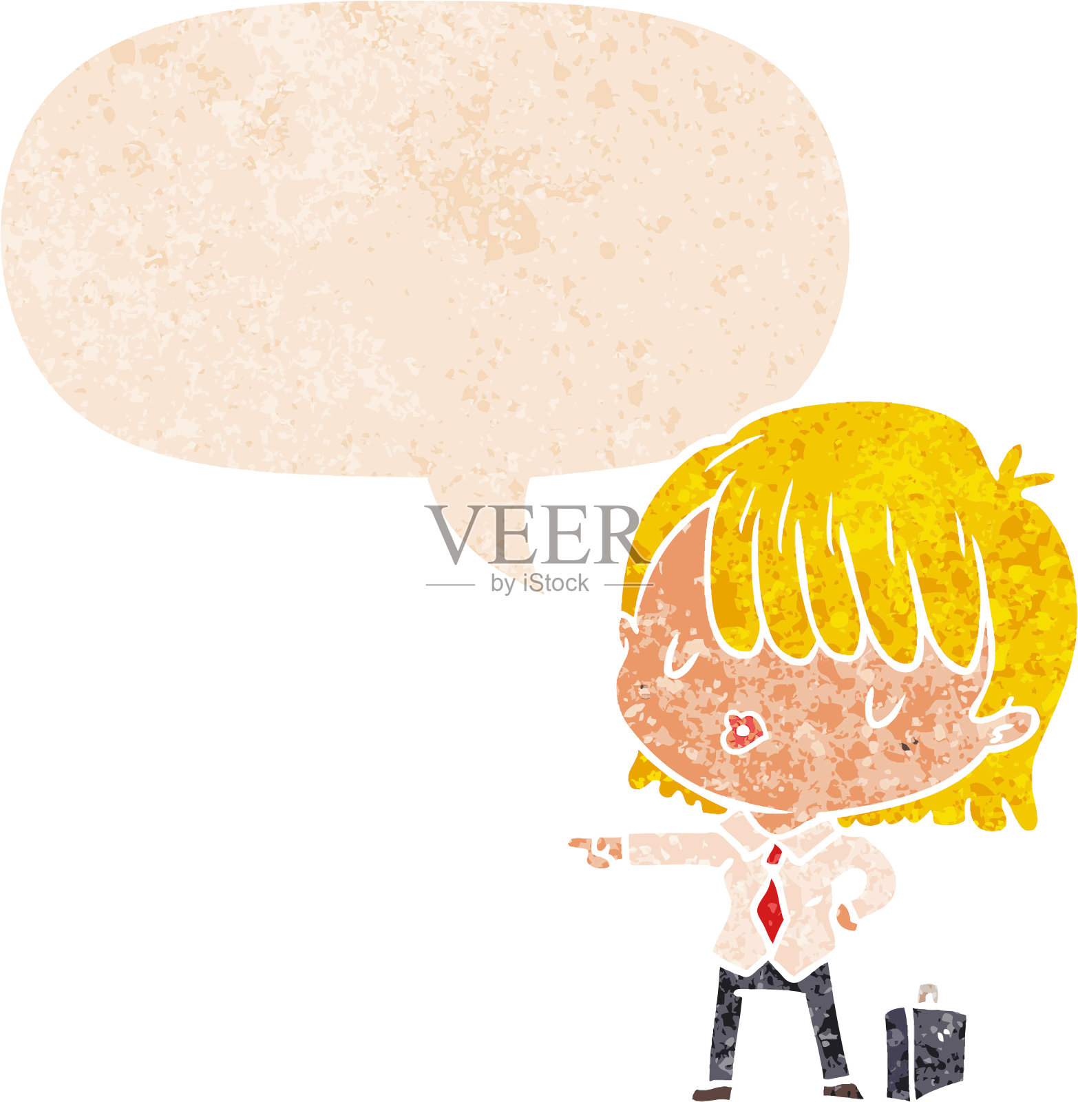 卡通高效的女商人与演讲泡沫在垃圾垃圾苦恼复古纹理风格插画图片素材