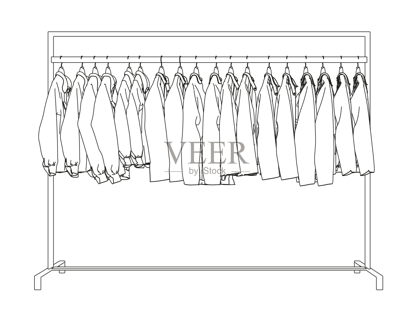 衣架上的衣服轮廓,黑色线条孤立在白色背景上。侧视图。3 d。矢量插图。插画图片素材