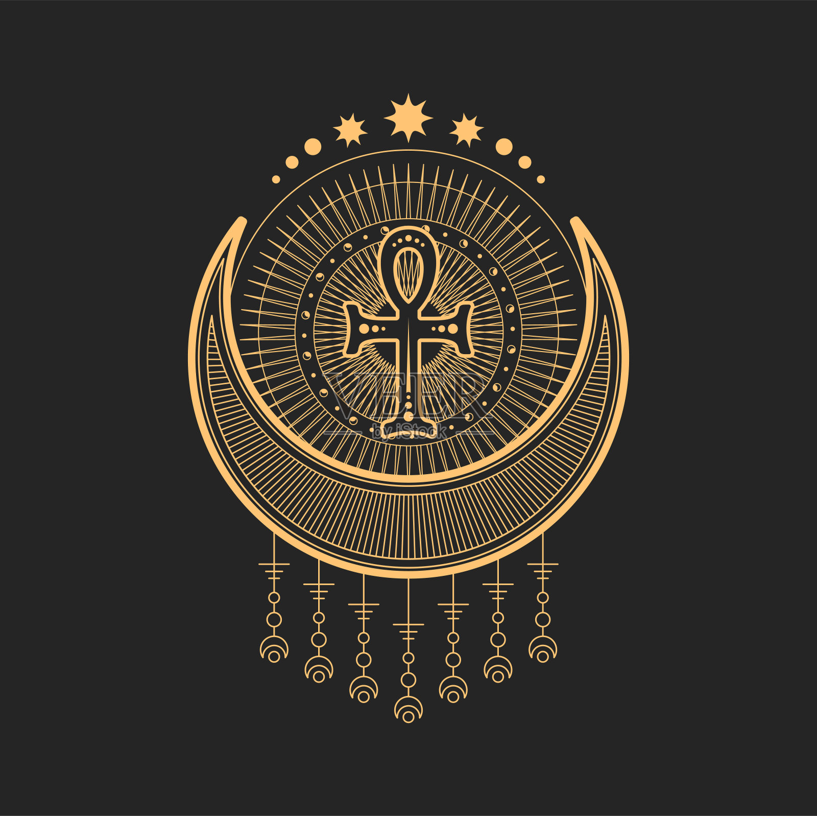 新月和月亮的神秘符号,埃及十字章插画图片素材