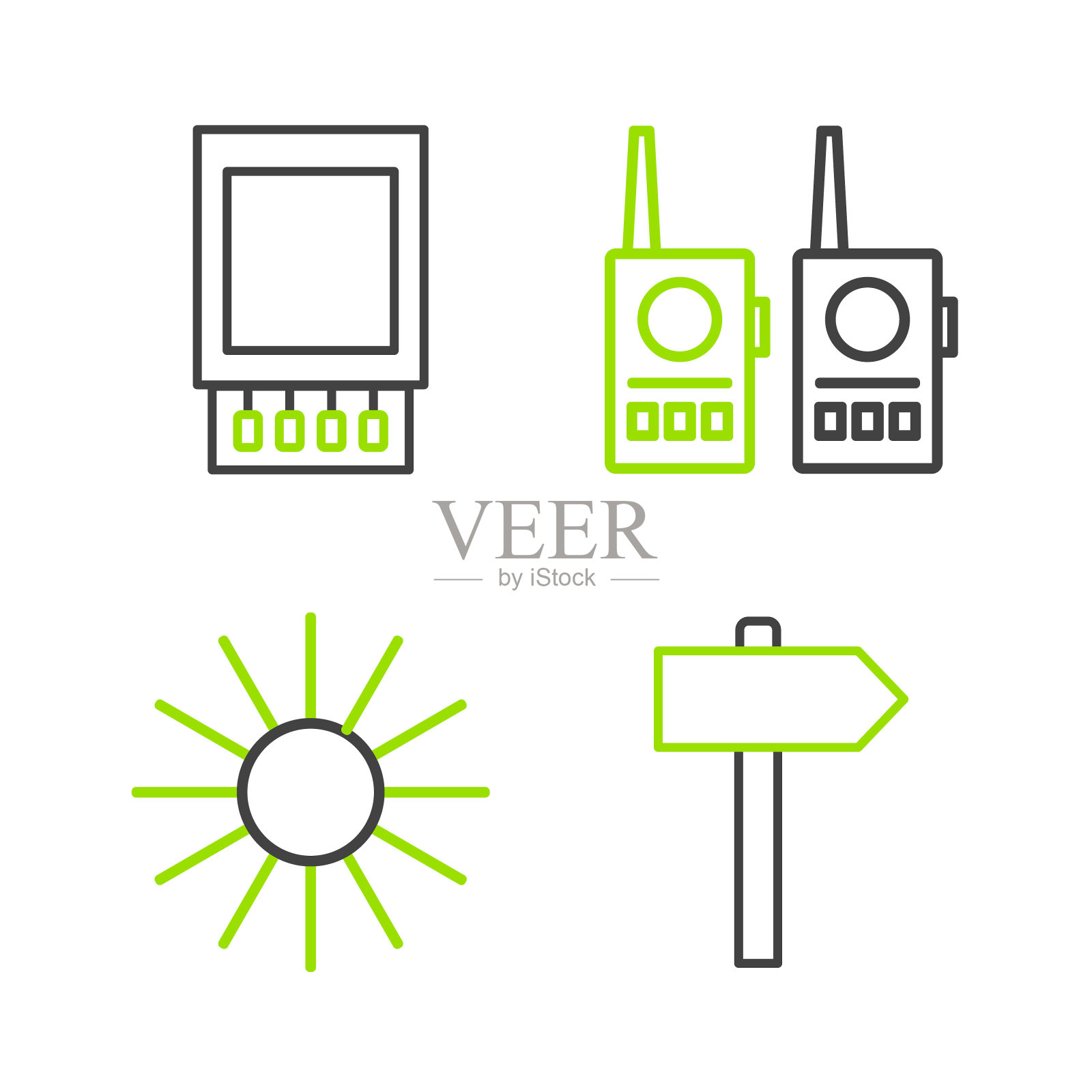 设置行道路交通路标,太阳,对讲机和打开火柴盒和火柴图标。向量图标素材