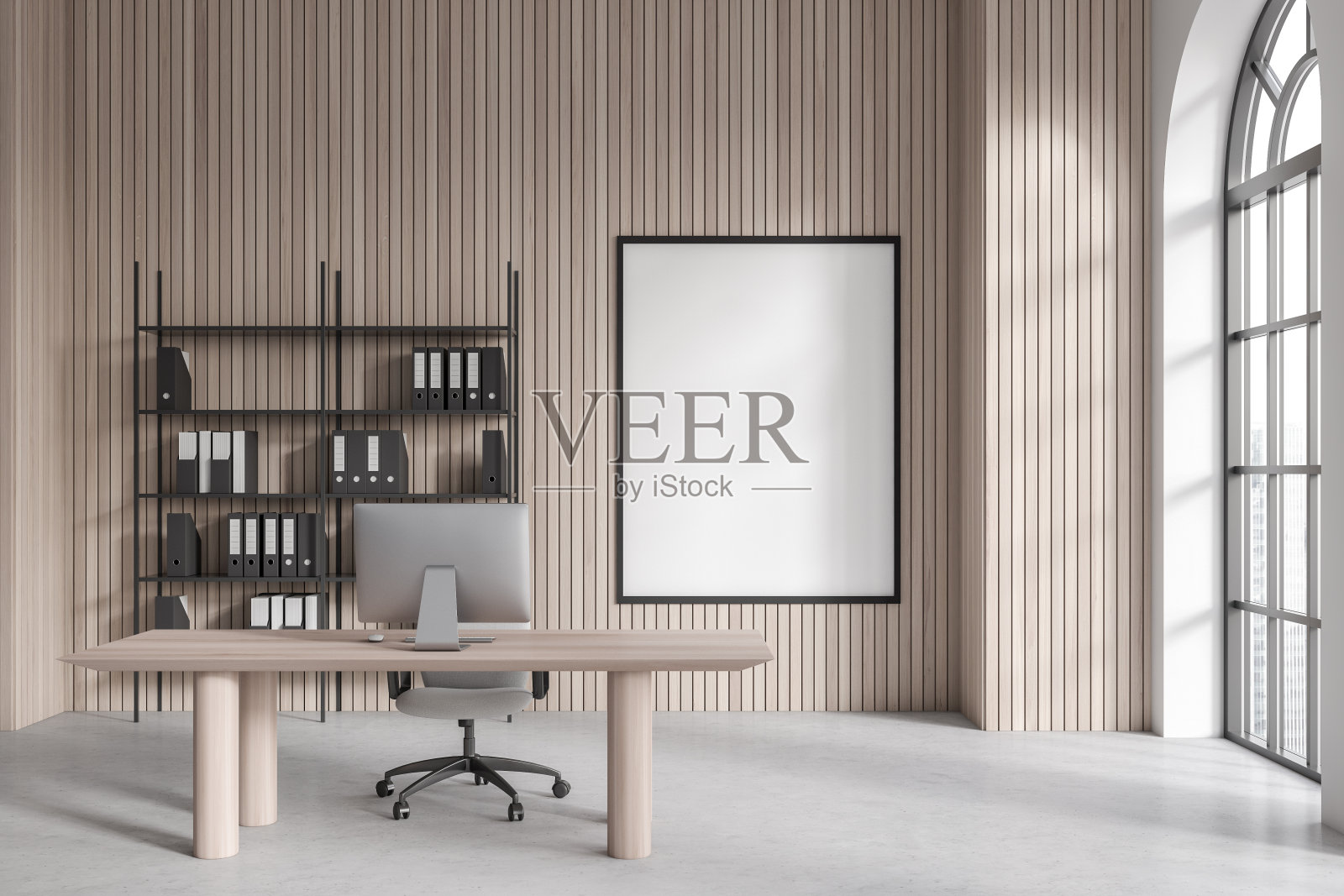带有海报的轻型木制CEO办公室照片摄影图片