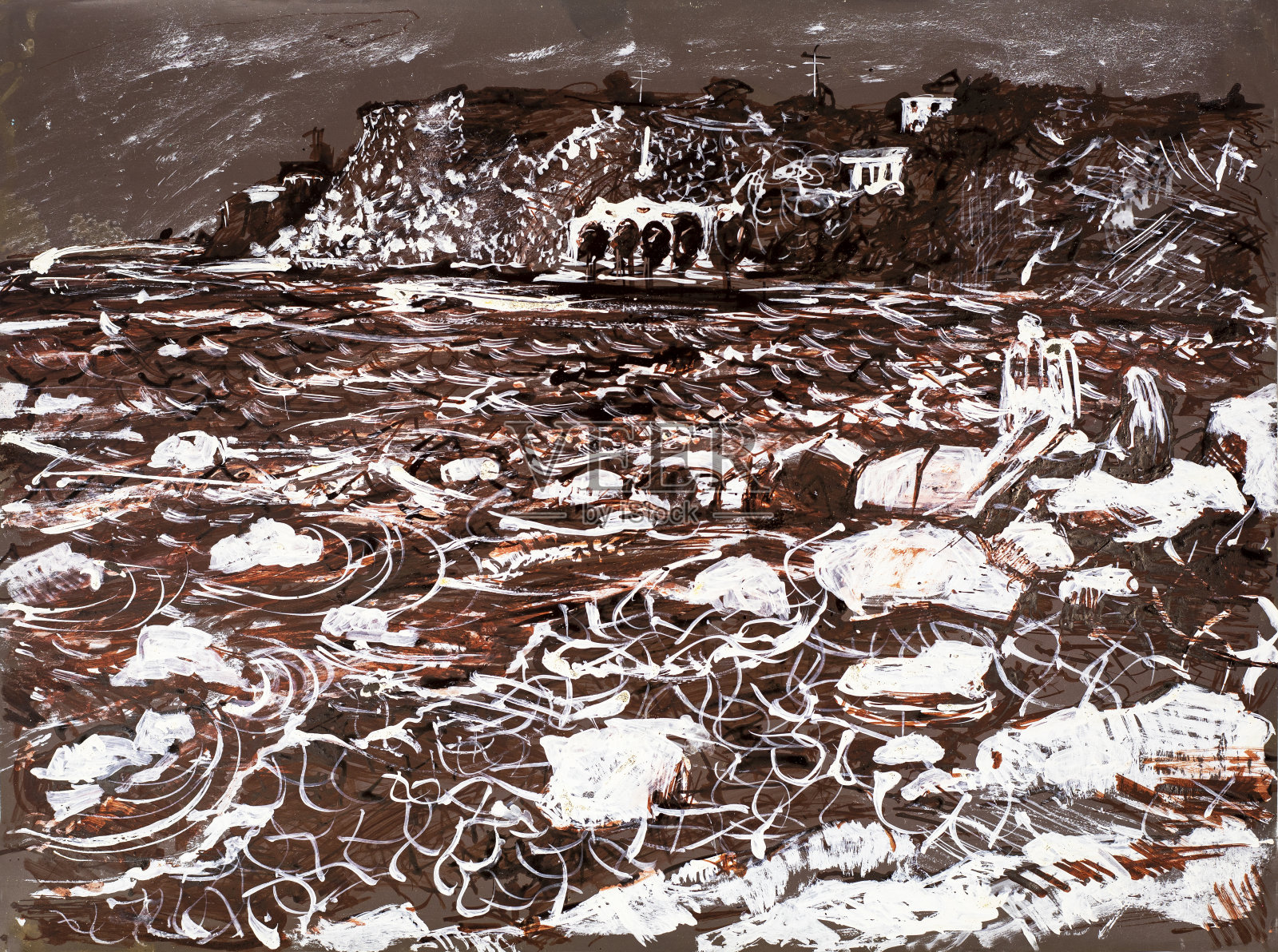 海景和远处的房子插画图片素材