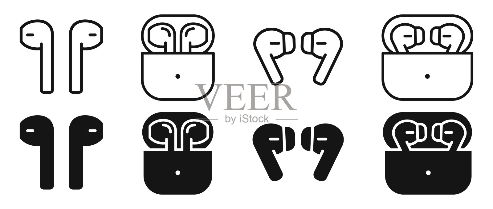 耳机图标收集。平面矢量耳机。耳机图标设置。AirPods矢量图标。耳机图标。图标素材