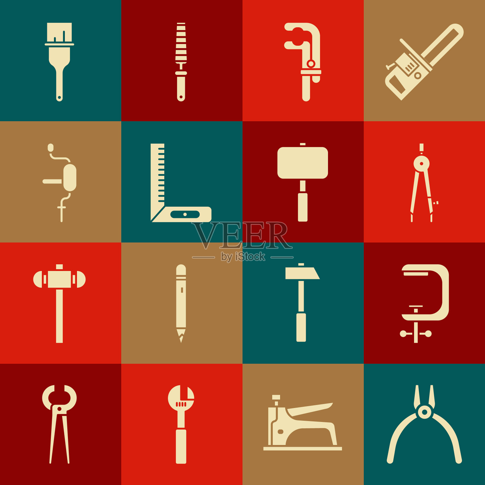 设置钳子工具,夹具和螺丝,绘图指南针,角尺,手钻,油漆刷和大锤图标。向量插画图片素材