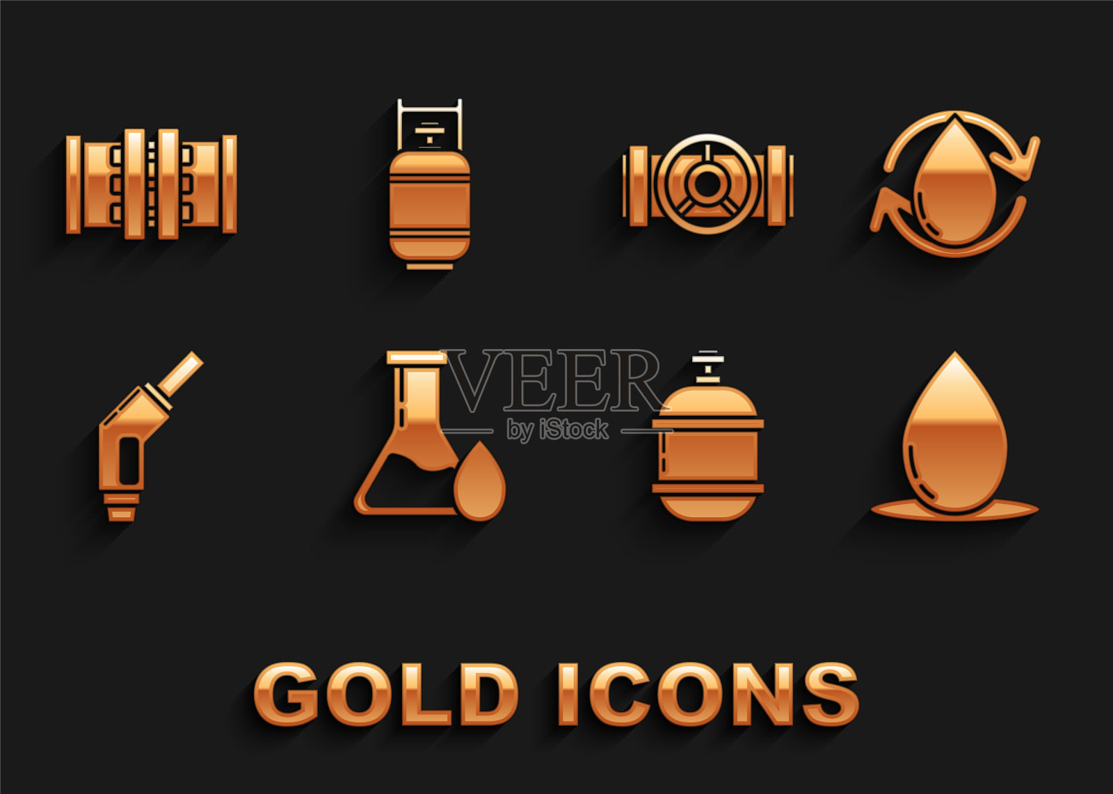 设置油汽油试管,滴,丙烷气罐,汽油泵喷嘴,工业金属管道和阀门,和图标。向量图标素材