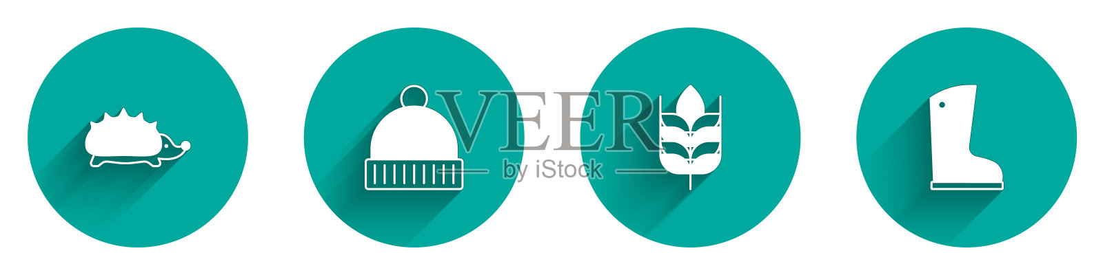 设置刺猬,冬帽,小麦和防水胶靴图标与长影子。向量图标素材