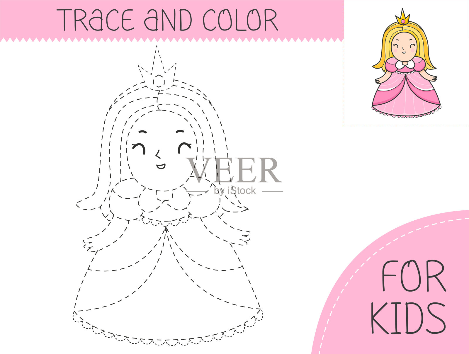 痕迹和颜色填色书与公主的孩子。与卡通公主着色页。儿童矢量插图。插画图片素材