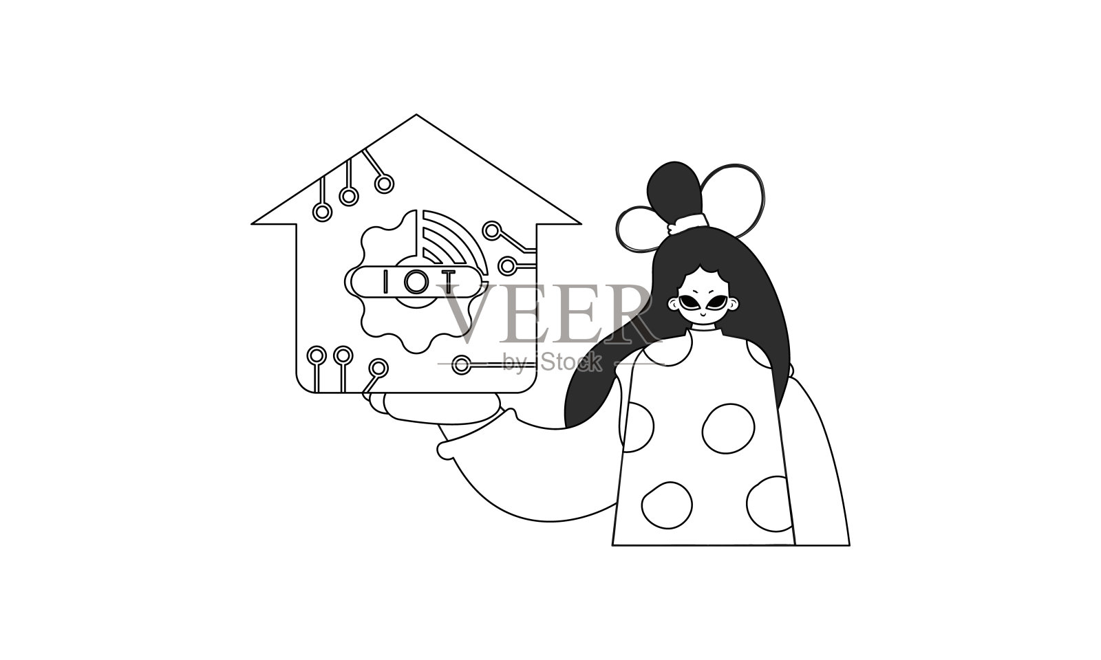 女孩拥抱物联网的标志在矢量线性风格插画图片素材