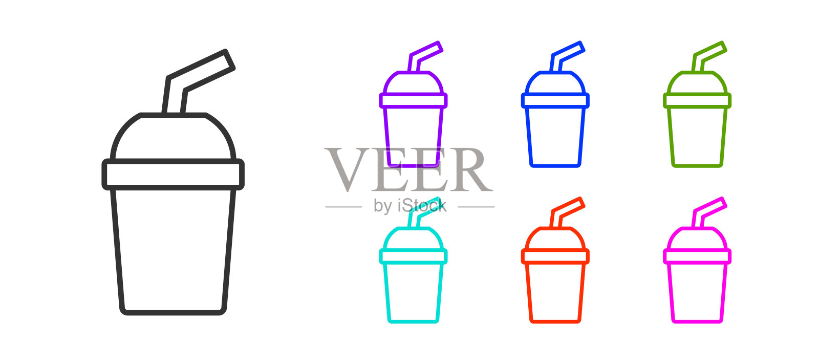 黑线纸玻璃杯,白色背景上有吸管和水的图标。汽水杯。新鲜冷饮的象征。设置彩色图标。向量插画图片素材