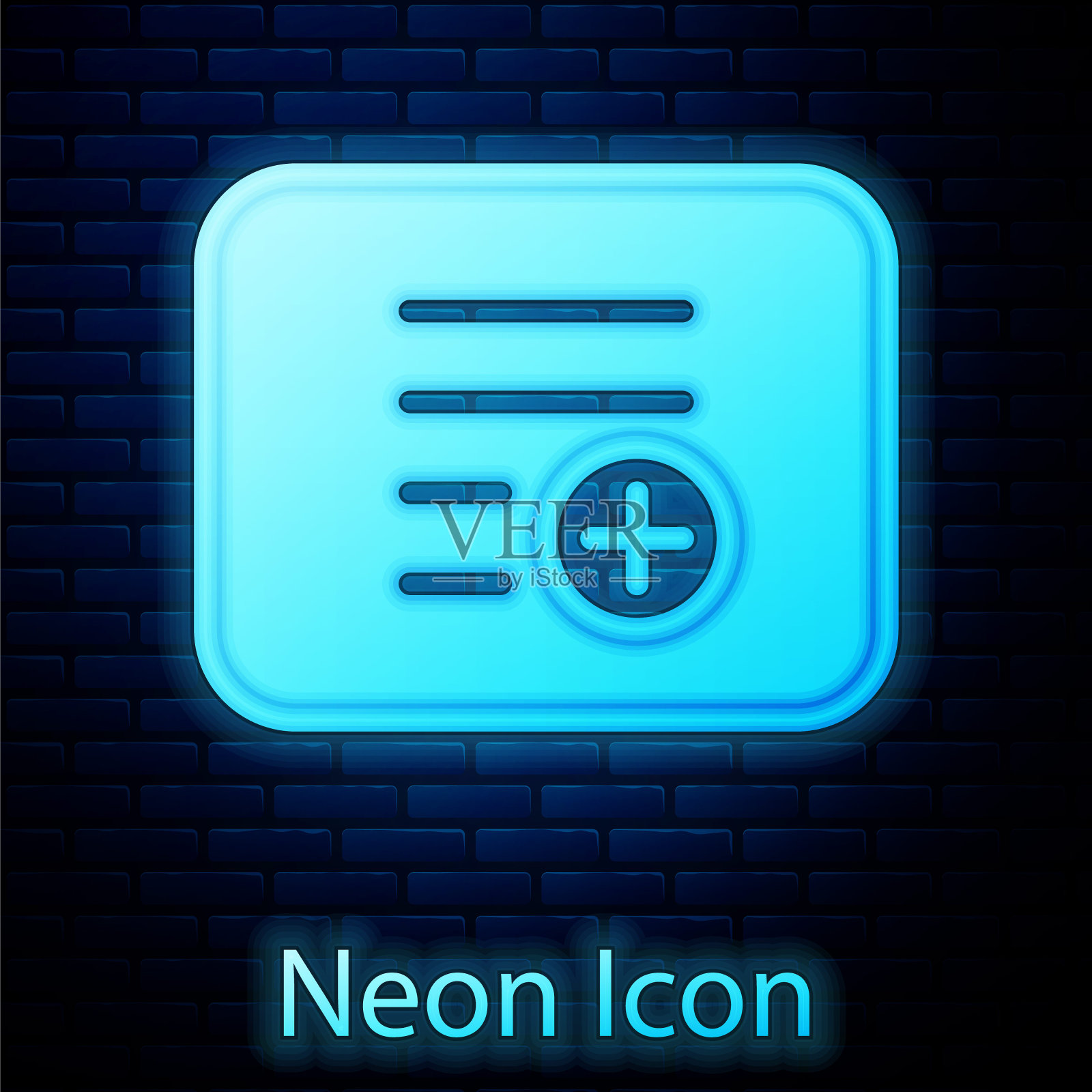 发光的霓虹灯添加到隔离在砖墙背景的播放列表图标。向量图标素材