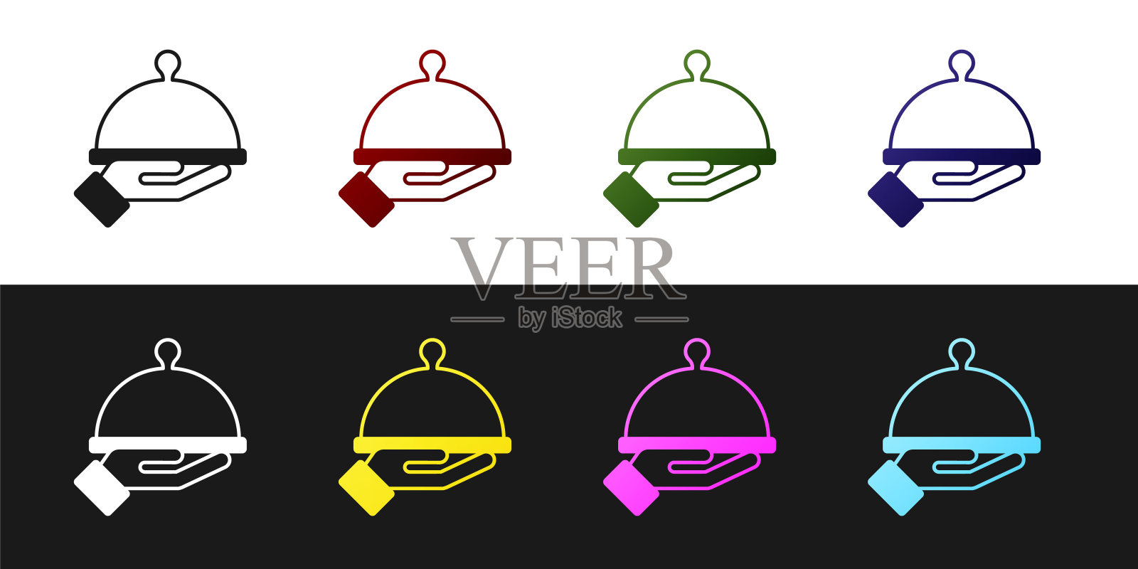 设置覆盖托盘上的食物图标孤立在黑白背景。托盘和盖子标志。带盖子的餐厅钟。向量插画图片素材