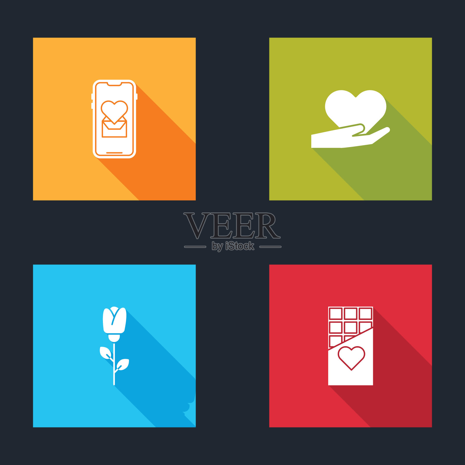 设置移动与心,心在手,花玫瑰和巧克力棒图标。向量图标素材