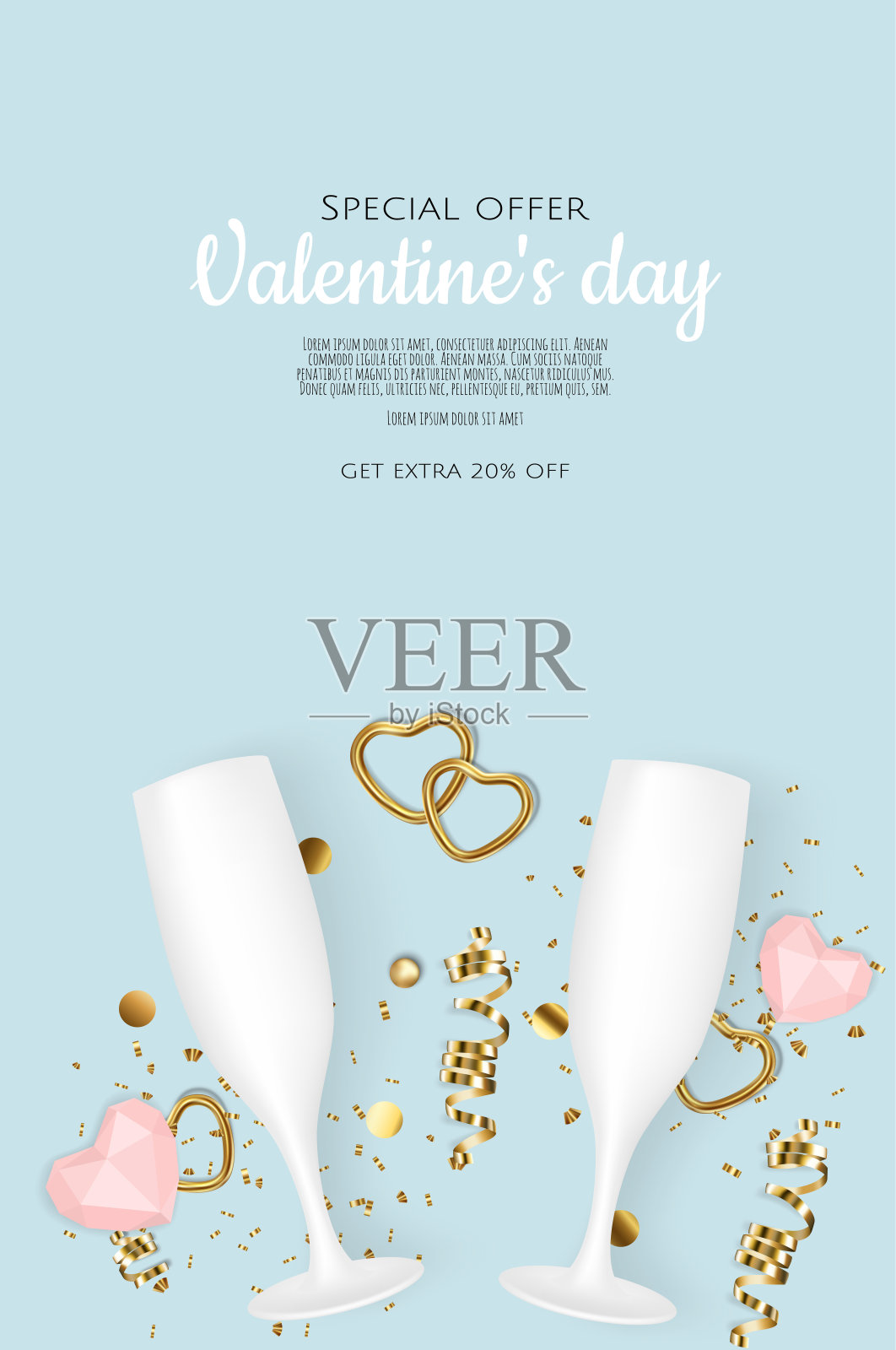 有爱心的情人节贺卡、礼物、香槟杯、纸屑、糖果。插画图片素材