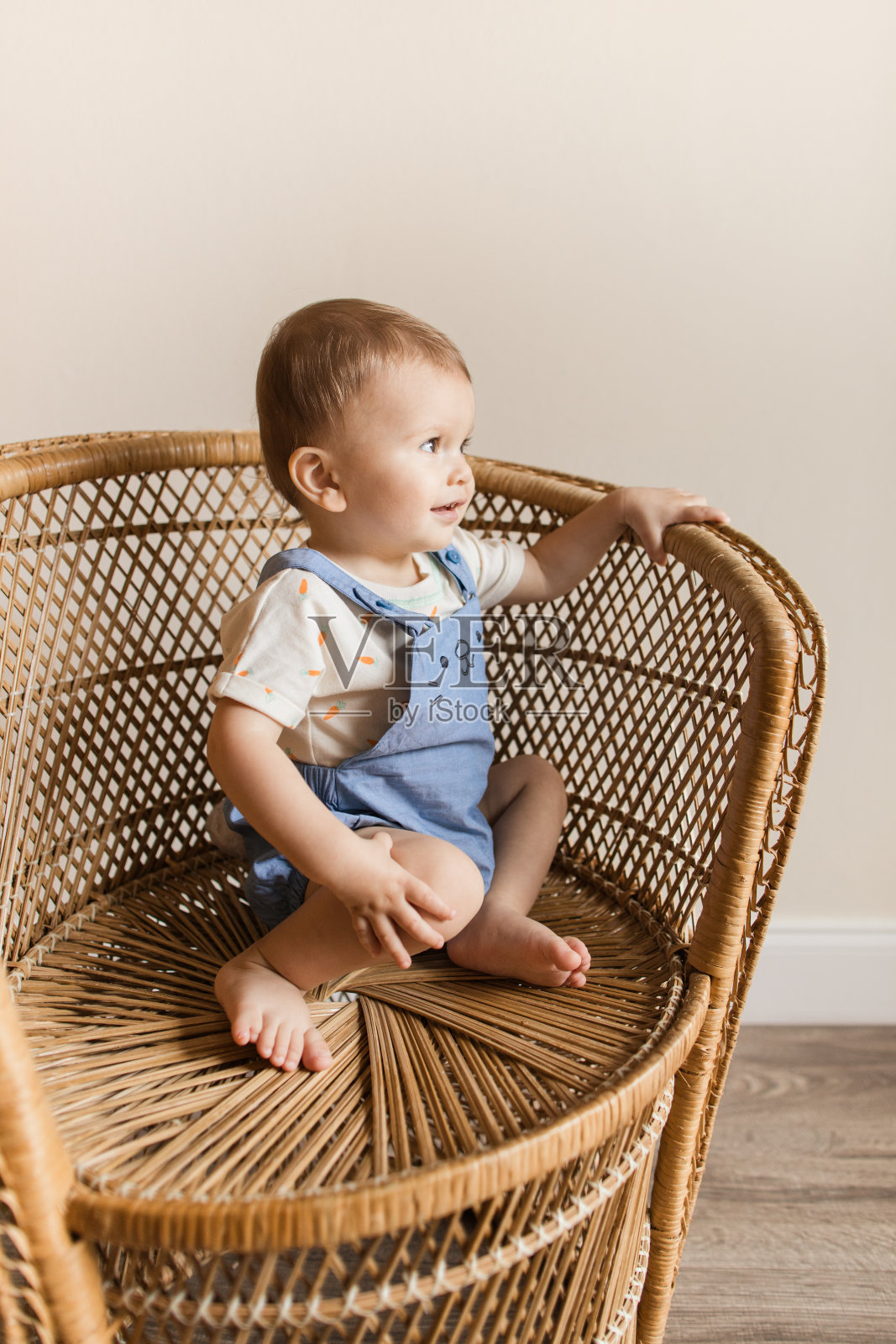 一个15个月大的古巴裔美国男婴,浅棕色短发,棕色眼睛和12只脚趾,穿着胡萝卜连体衣和蓝色兔子连体裤,还有蓬松的兔子尾巴,光着脚坐在复古藤椅上照片摄影图片