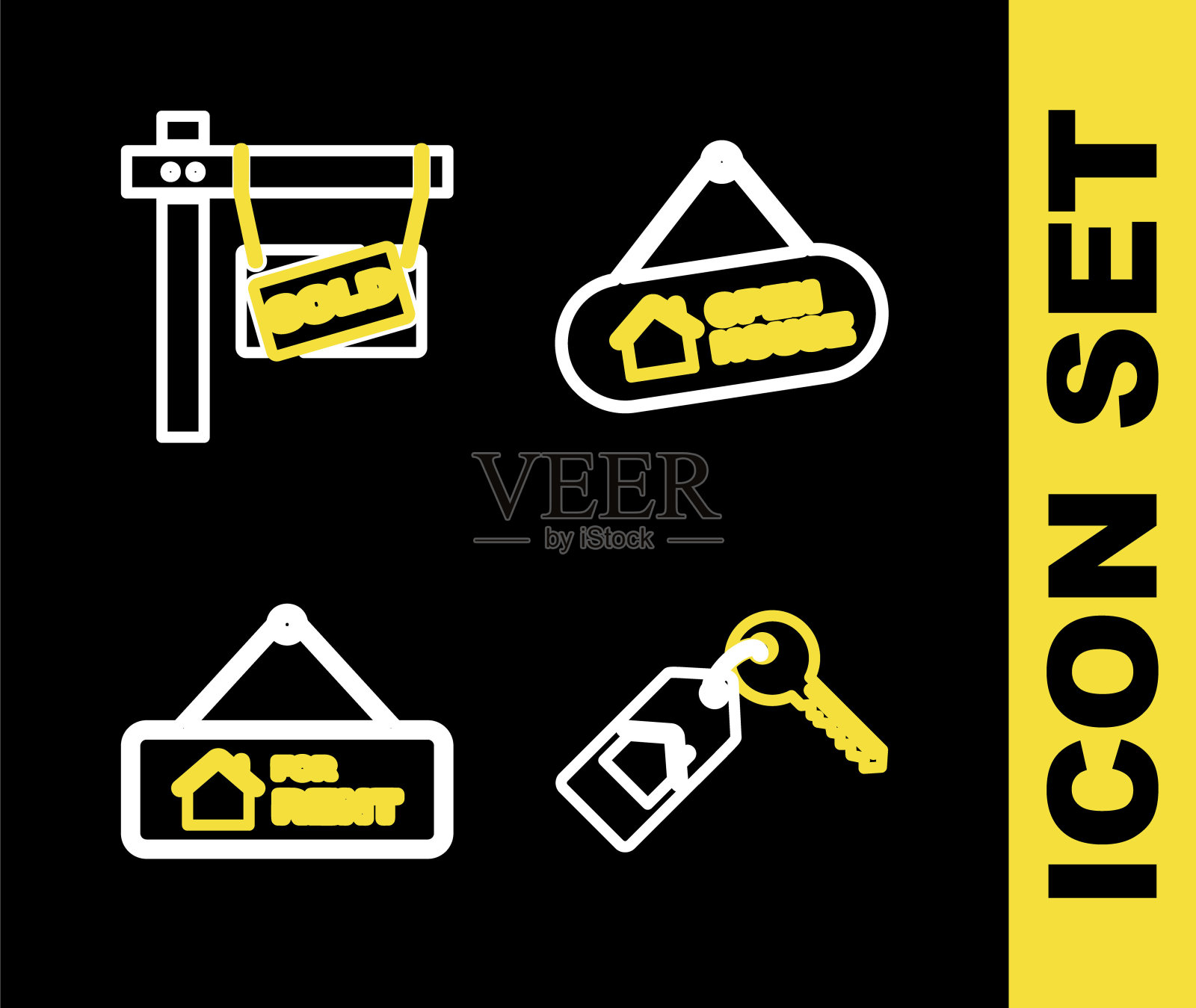 设置线挂标志与开放房屋,房屋钥匙,出租和出售的图标。向量图标素材