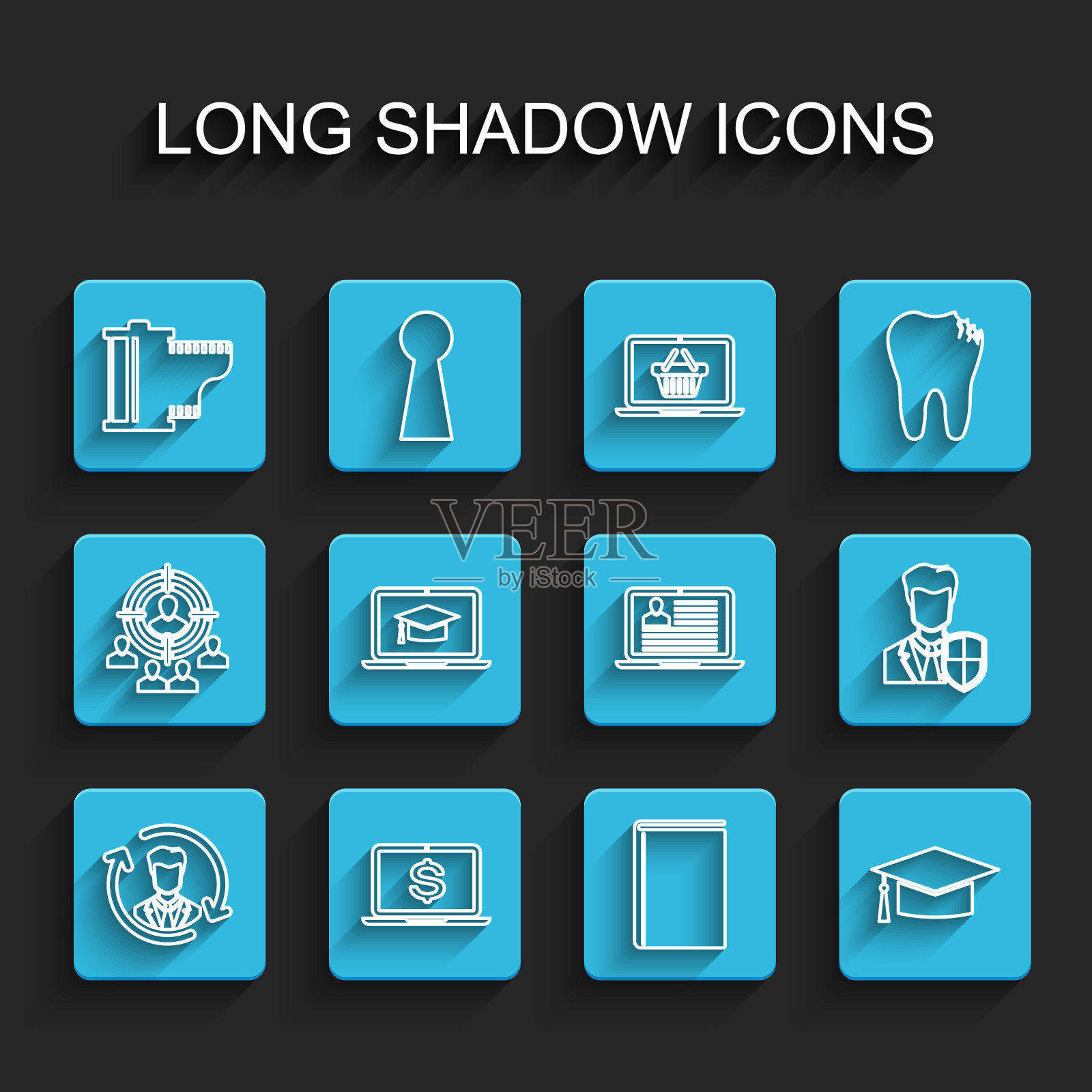 设置行人力资源,笔记本电脑与美元,相机胶卷卷墨盒,书,毕业帽,笔记本电脑,用户保护和简历图标。向量图标素材