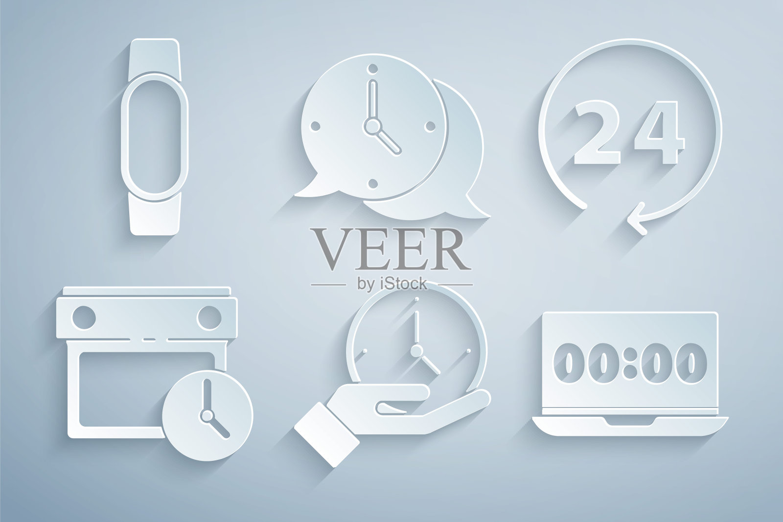 在笔记本电脑、语音气泡和智能手表图标上设置时钟、24小时、日历和时钟。向量图标素材