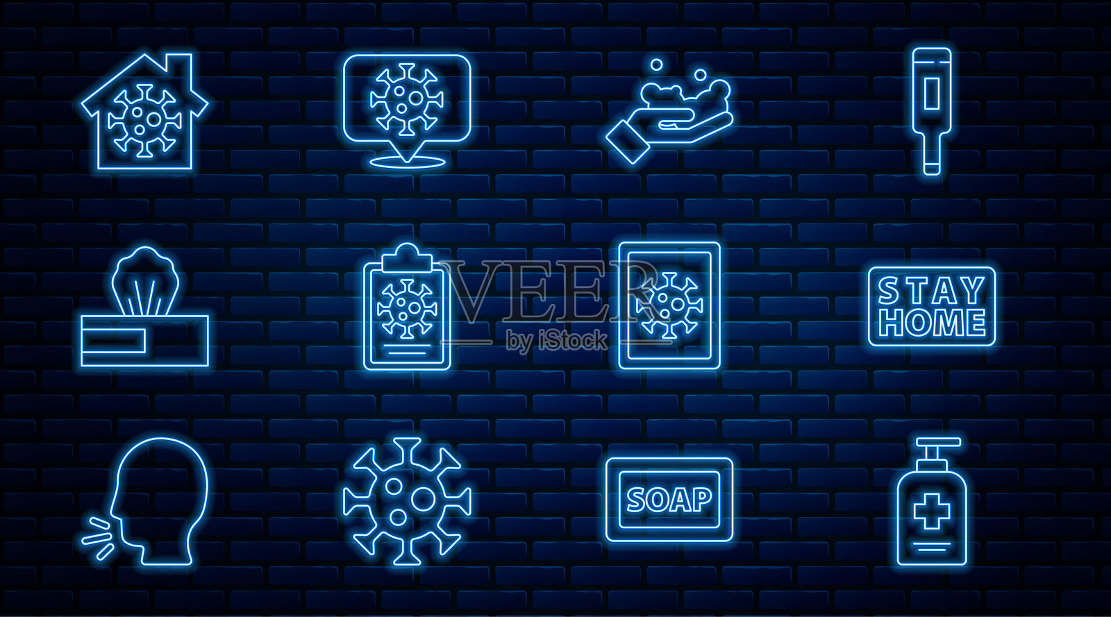 设置线液体抗菌皂,待在家里,洗手,剪贴板血液测试结果,湿纸巾包,病毒统计在监视器和冠状病毒位置图标。向量图标素材