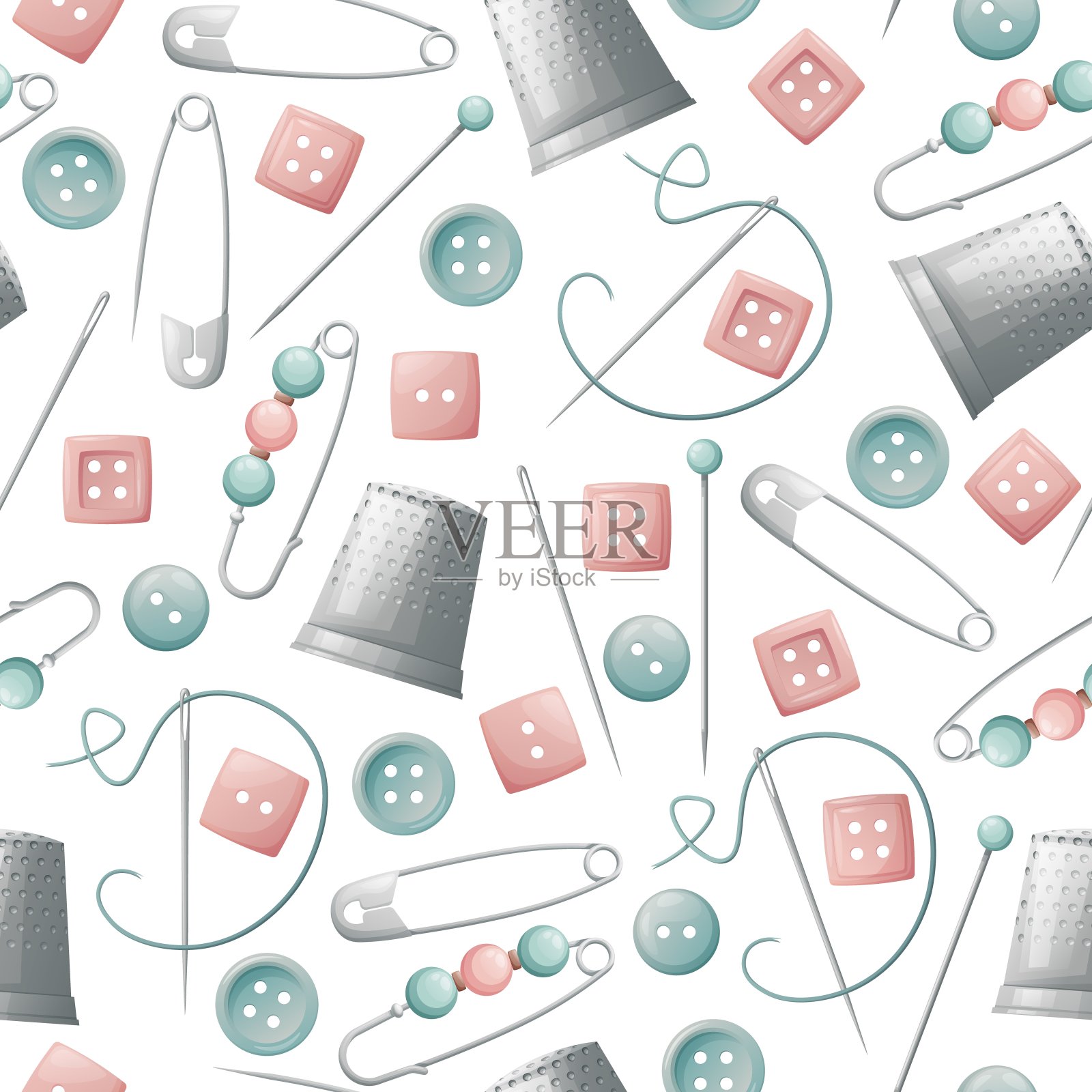 无缝模式与别针,顶针和按钮。缝纫工作室,针线活,爱好。适用于面料、壁纸、装饰、服装、壁纸插画图片素材