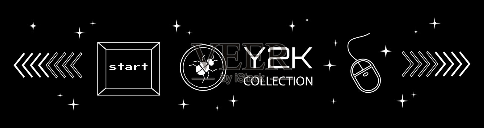 千年虫美学横旗,黑底白线科技元素。插画图片素材