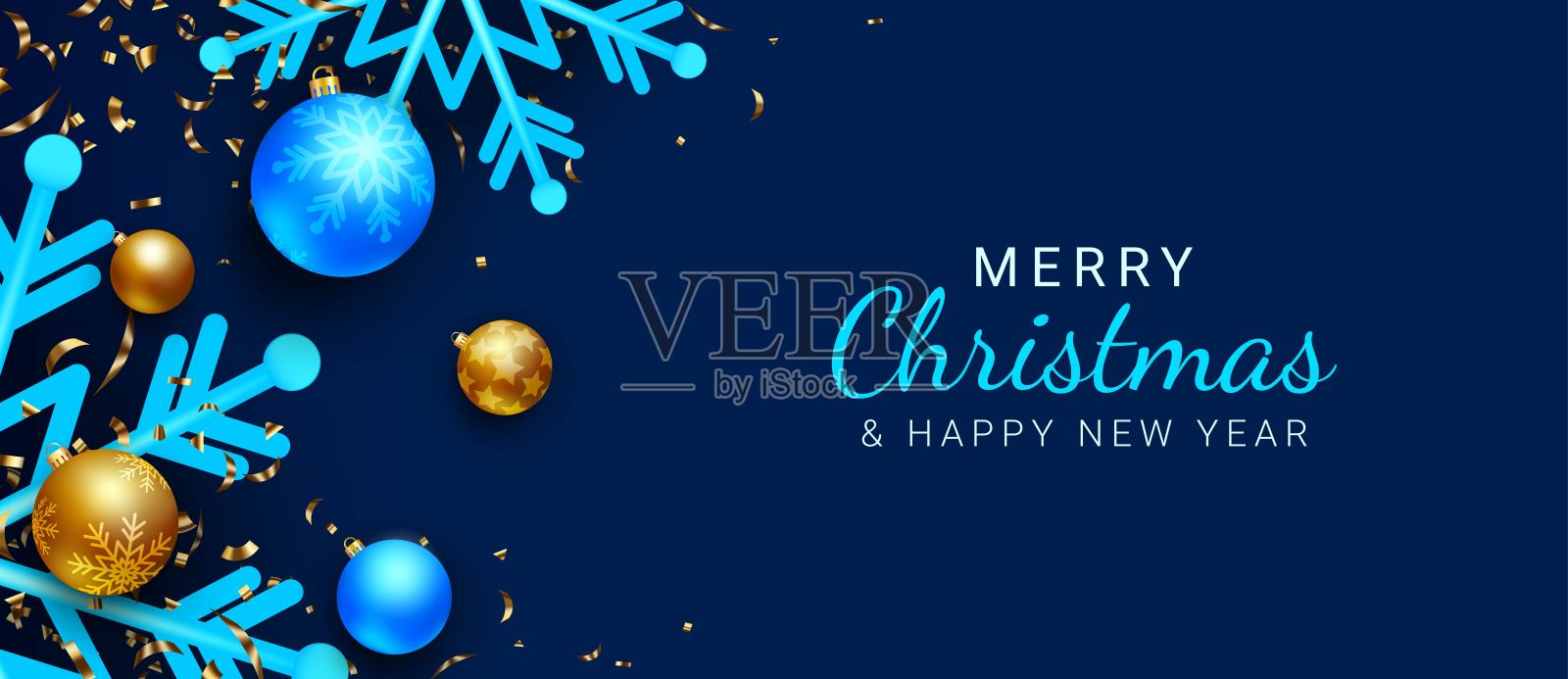 圣诞横幅背景设计与雪花,圣诞球和金色的五彩纸屑。圣诞贺卡。向量插画图片素材